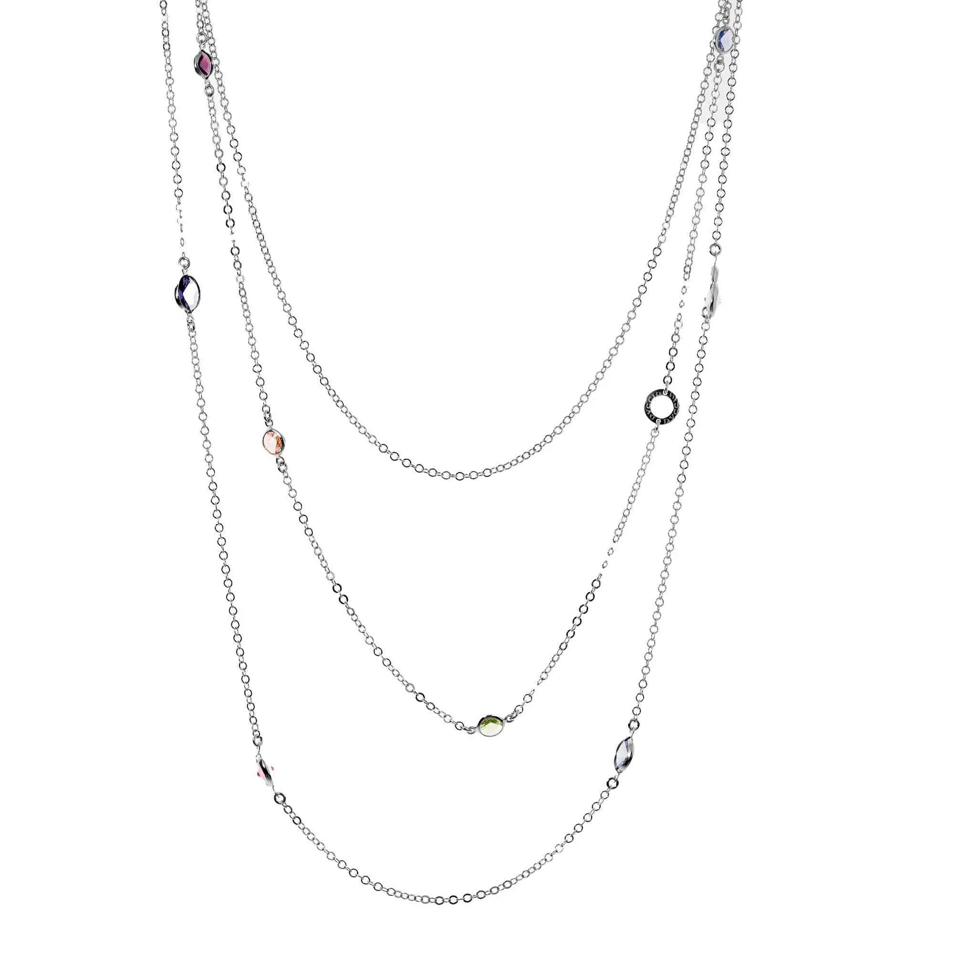 Collana Jordan a 3 Fili lunga in Argento 925 con placcatura in oro bianco e cristalli naturali multicolor
