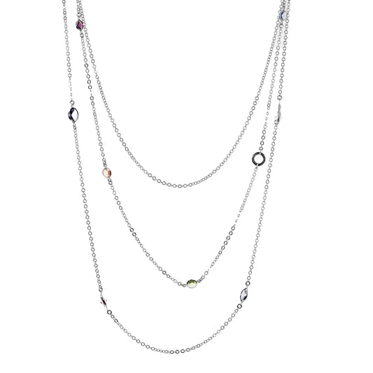 Collana Jordan a 3 Fili lunga in Argento 925 con placcatura in oro bianco e cristalli naturali multicolor