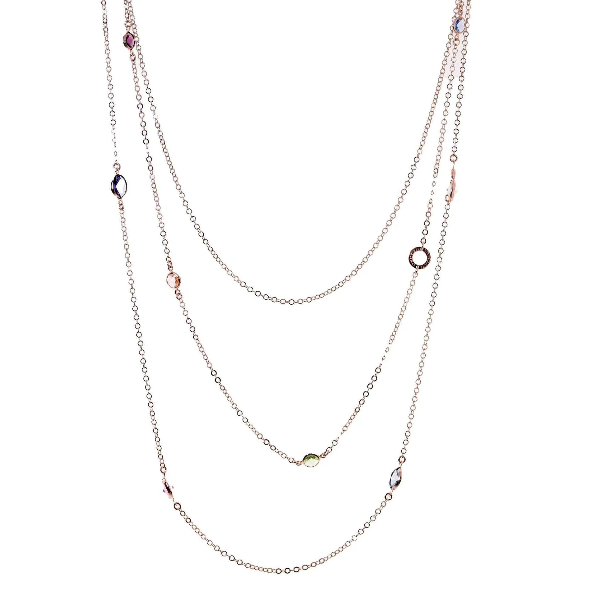 Collana Jordan a 3 Fili lunga in Argento 925 con placcatura in oro rosa e cristalli naturali multicolor