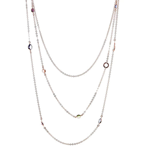 Collana Jordan a 3 Fili lunga in Argento 925 con placcatura in oro rosa e cristalli naturali multicolor