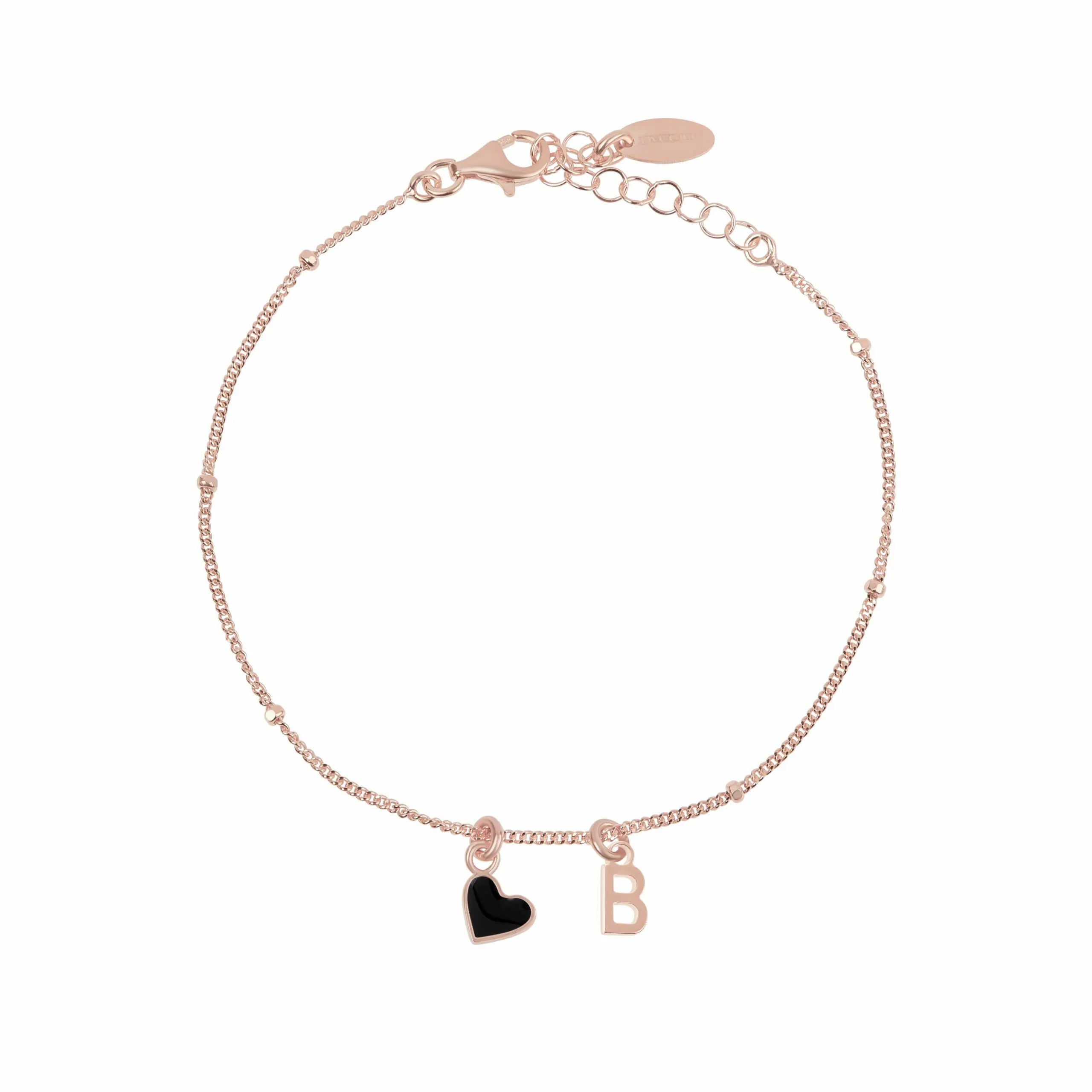 Bracciale Megghy con pendente cuore nero e lettera