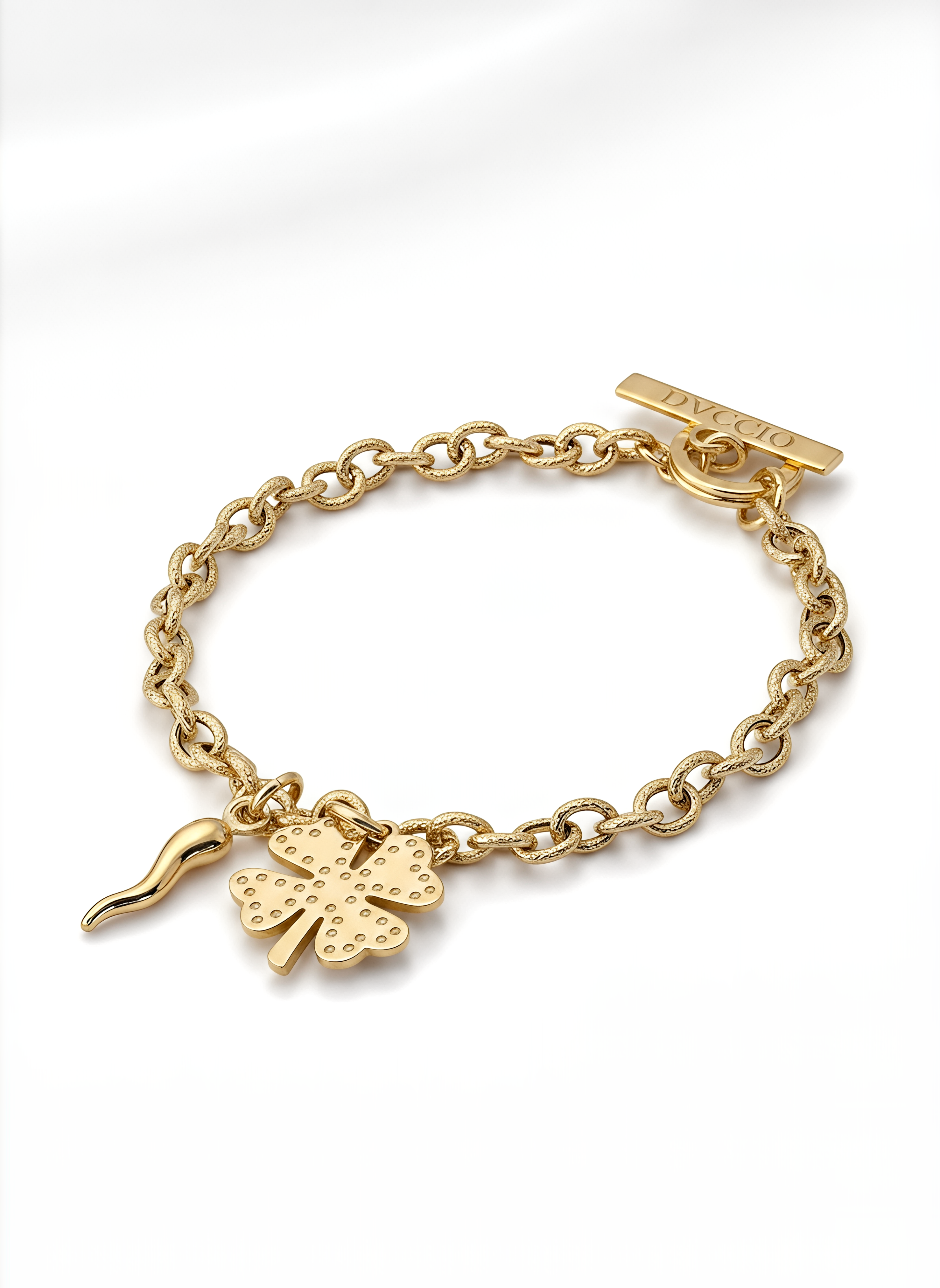 Bracciale a Catena Rolò con Charm Quadrifoglio e Cornetto Piccolo Frida Argento 925 Placcata Oro 24KT
