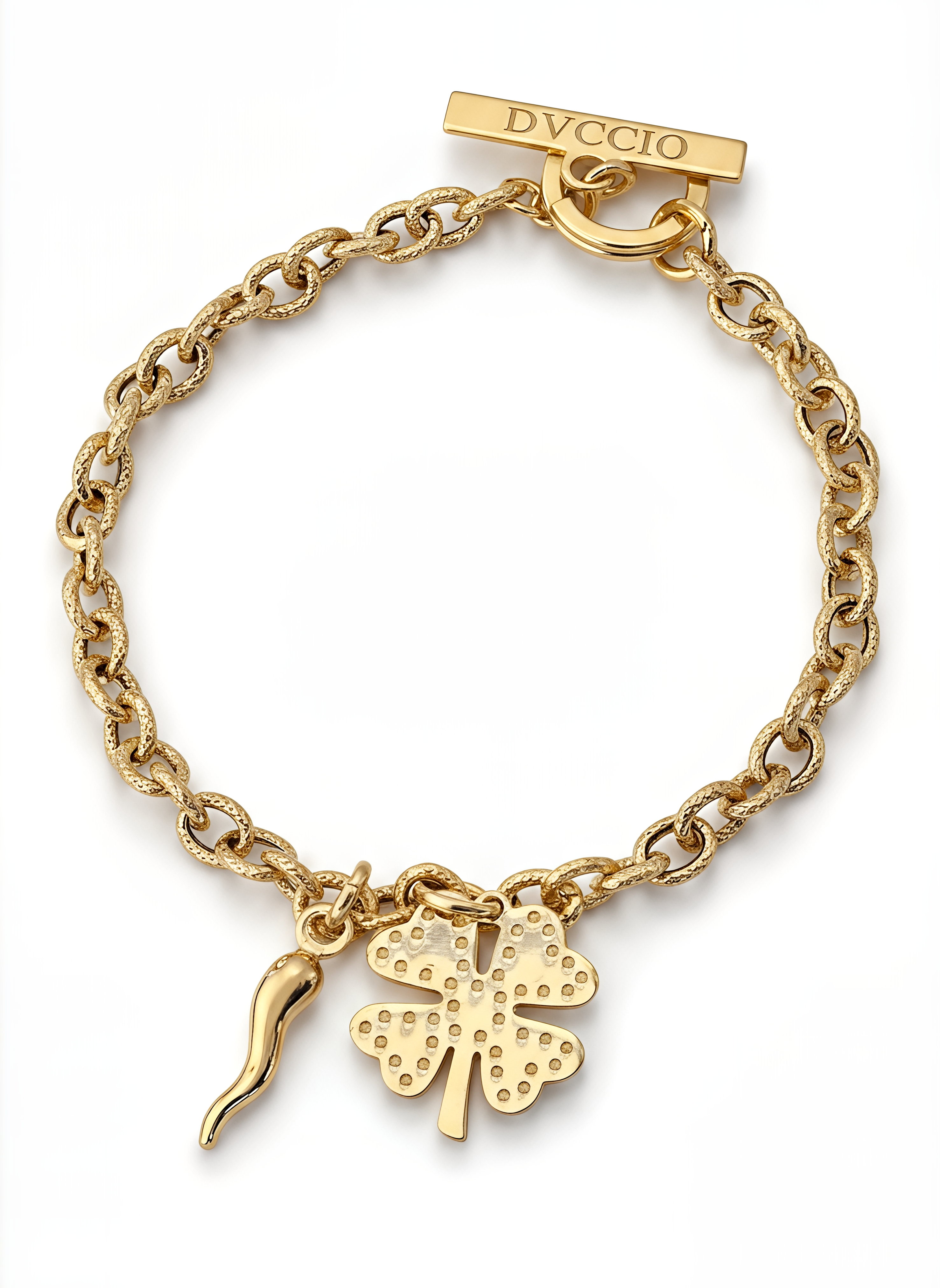 Bracciale a Catena Rolò con Charm Quadrifoglio e Cornetto Piccolo Frida Argento 925 Placcata Oro 24KT