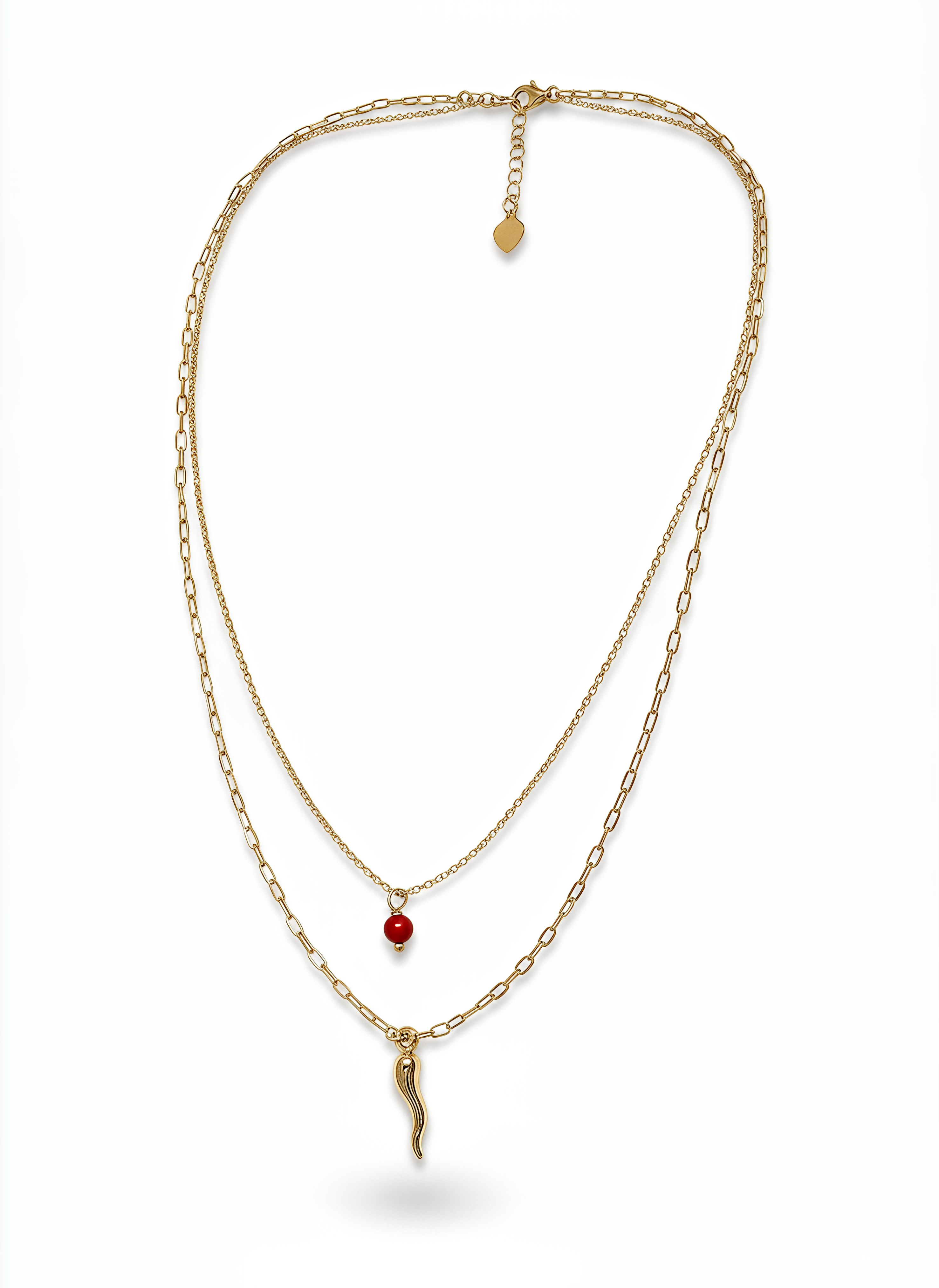 Collana Doppia Catena con Cornetto e Sfera Rossa Chérie Argento 925 Placcata Oro 24KT