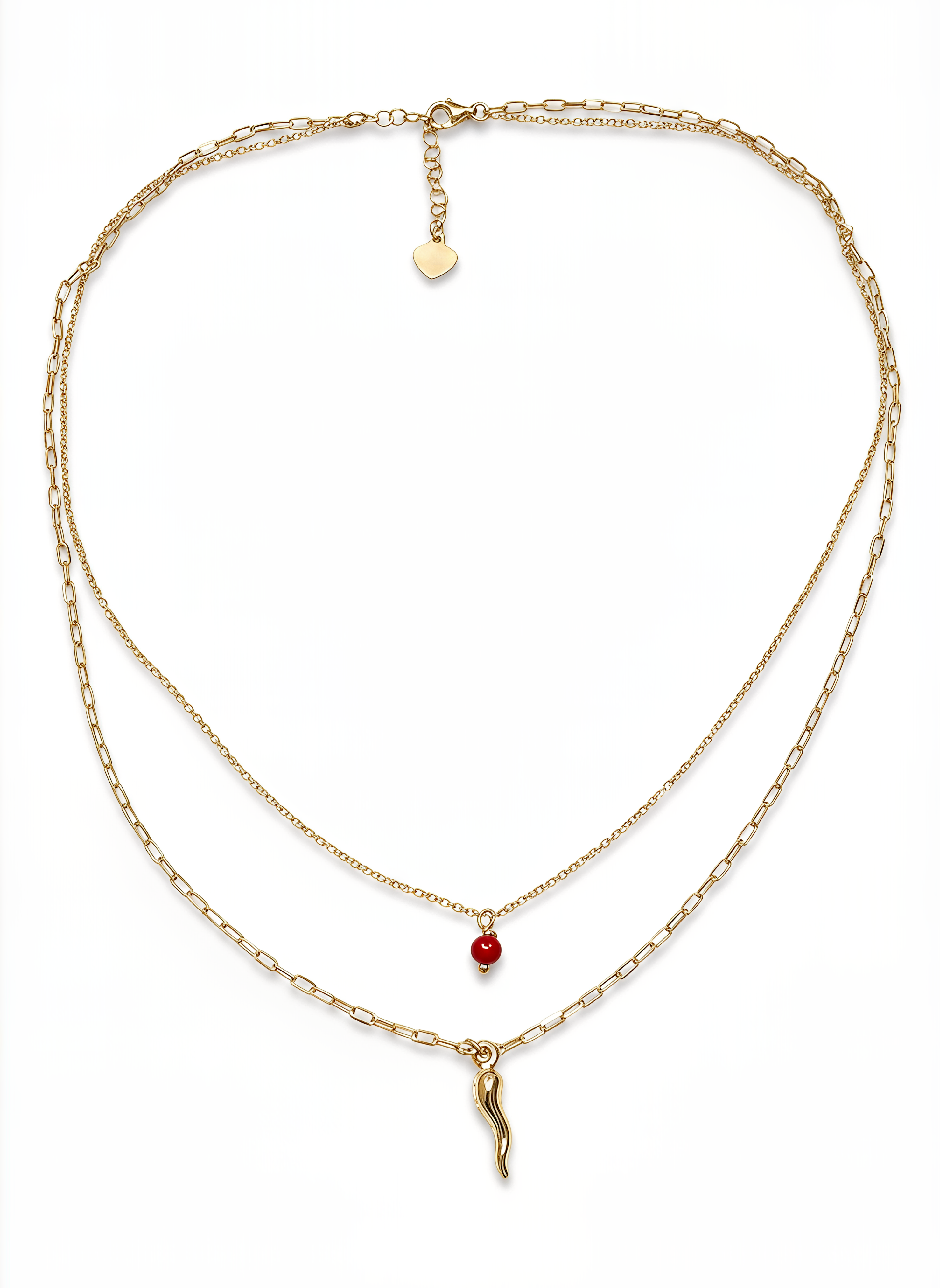 Collana Doppia Catena con Cornetto e Sfera Rossa Chérie Argento 925 Placcata Oro 24KT