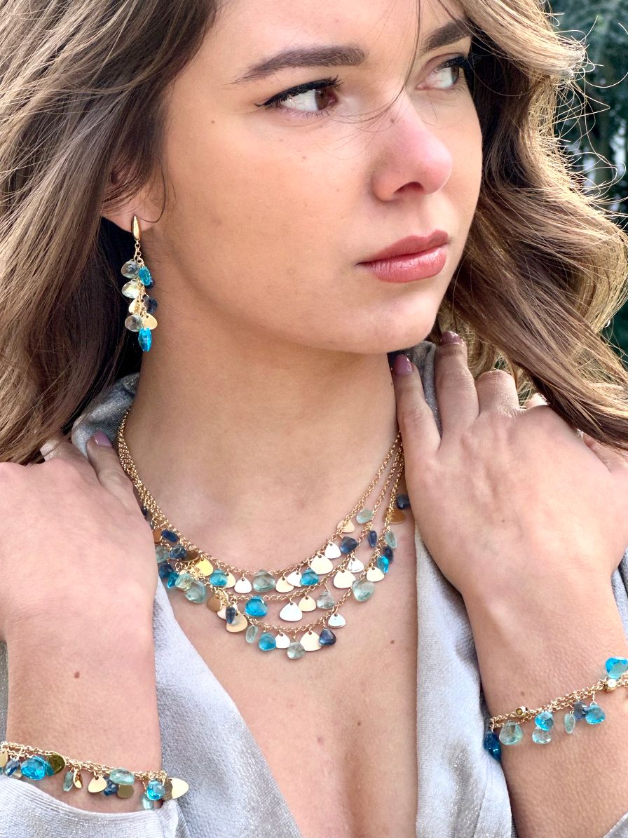 Capri Necklace 3 Strands 925 Silver 24KT Gold Plated Blue Topaz