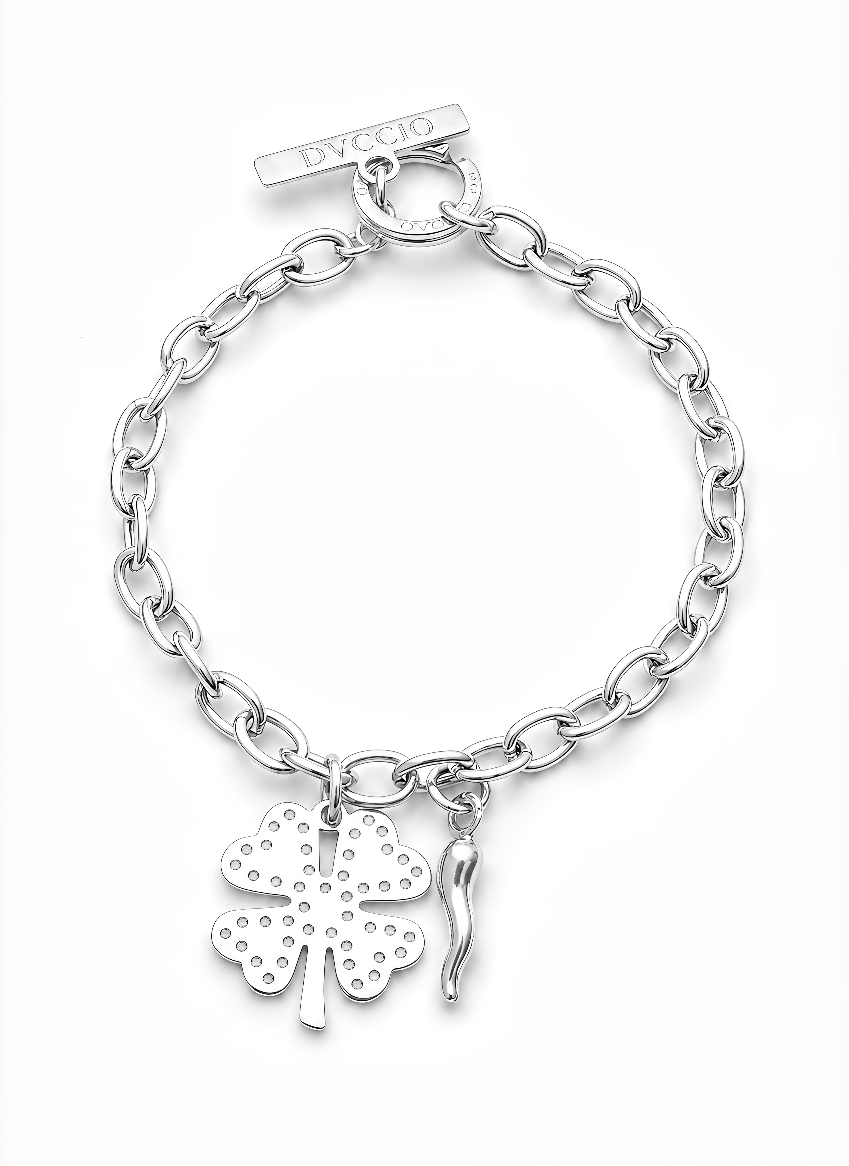Bracciale a Catena Rolò con Charm Quadrifoglio e Cornetto Frida Argento 925 Placcata Oro 24KT
