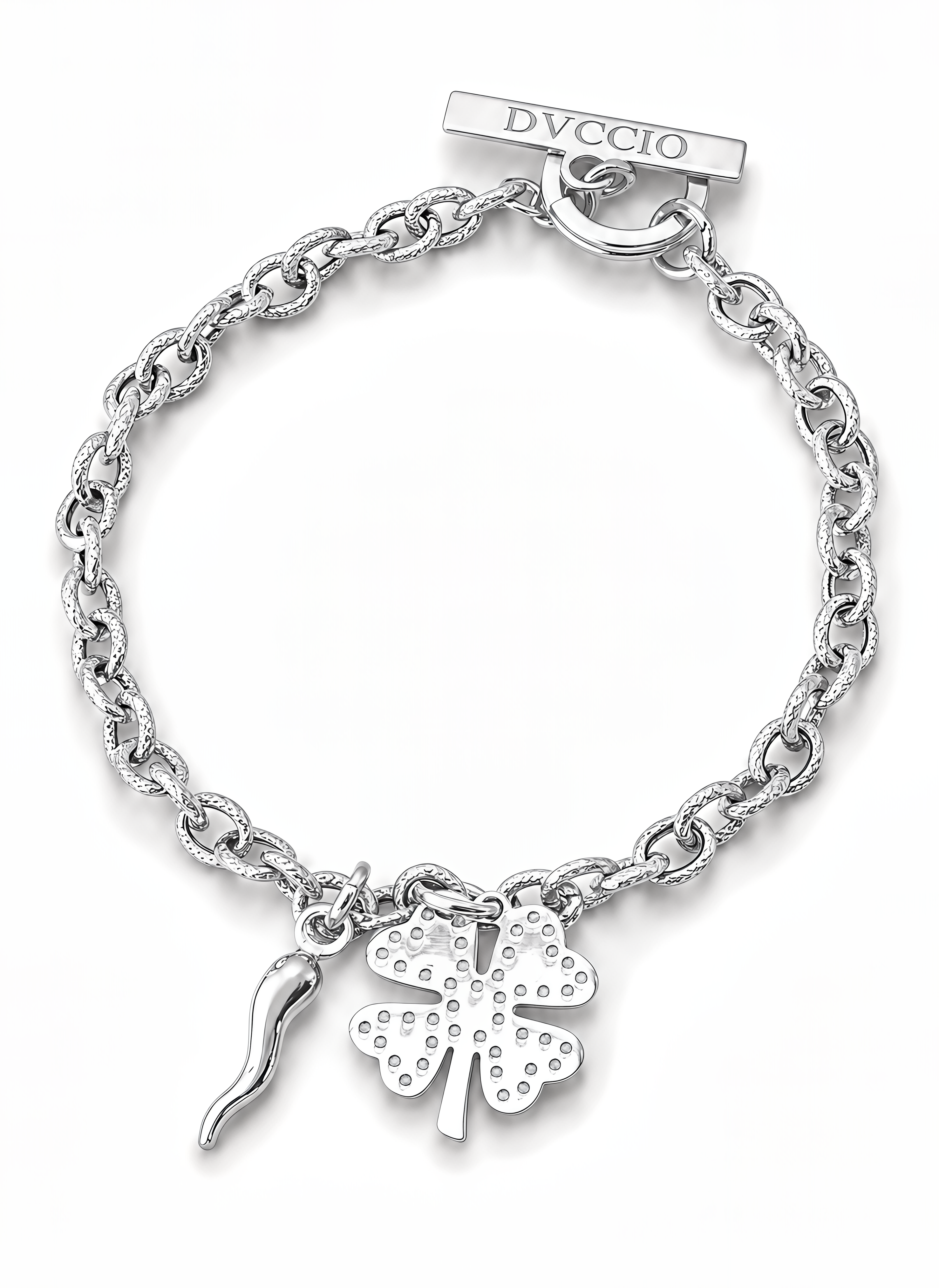 Bracciale a Catena Rolò con Charm Quadrifoglio e Cornetto Piccolo Frida Argento 925 Placcata Oro 24KT