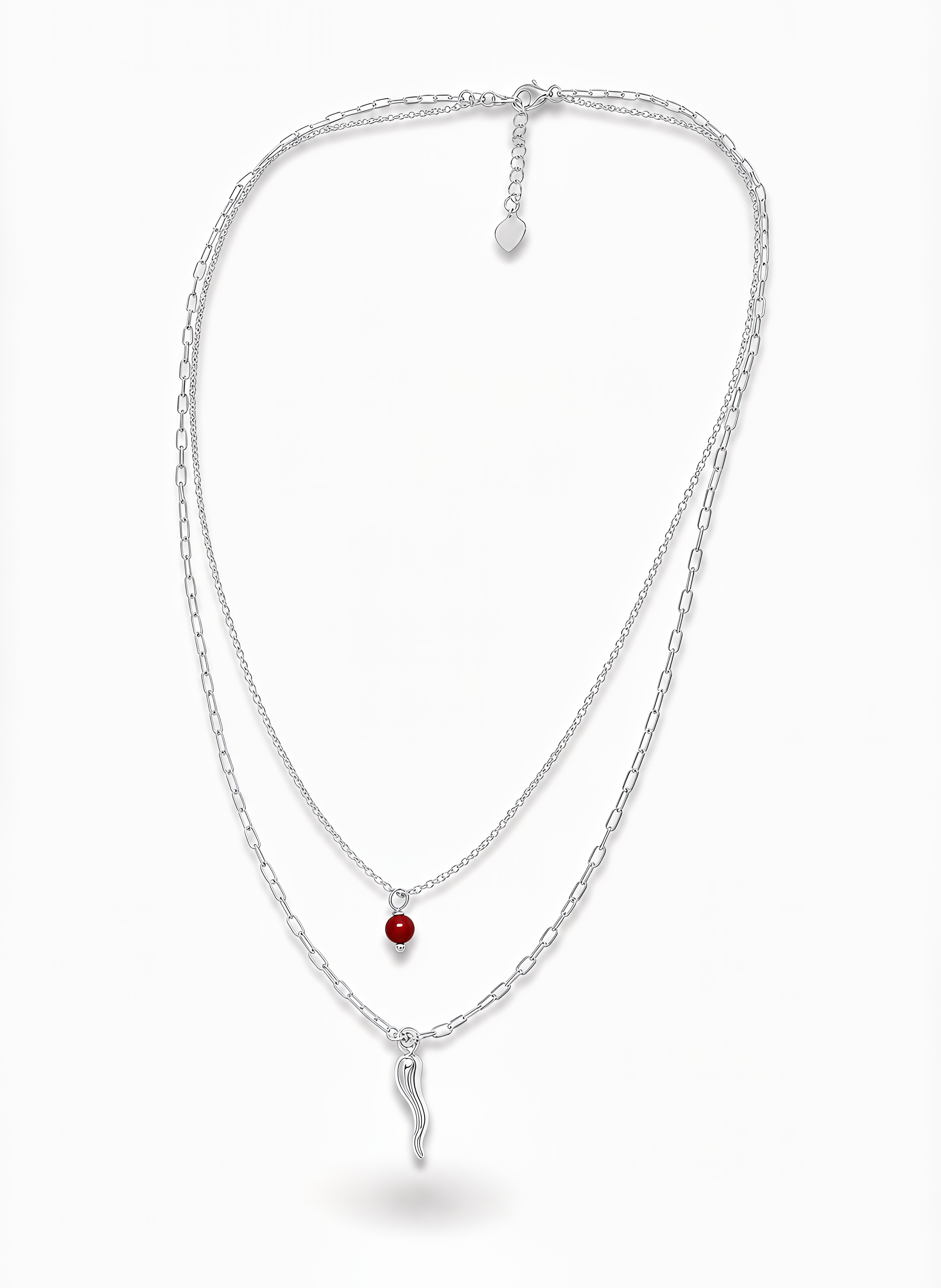 Collana Doppia Catena con Cornetto e Sfera Rossa Chérie Argento 925 Placcata Oro 24KT
