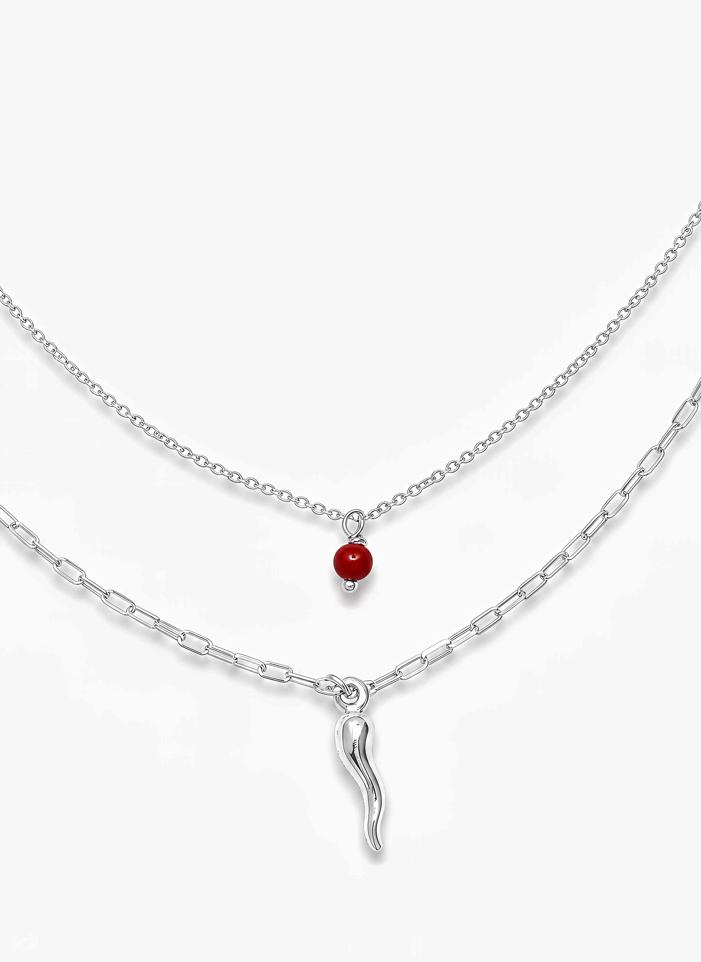 Collana Doppia Catena con Cornetto e Sfera Rossa Chérie Argento 925 Placcata Oro 24KT