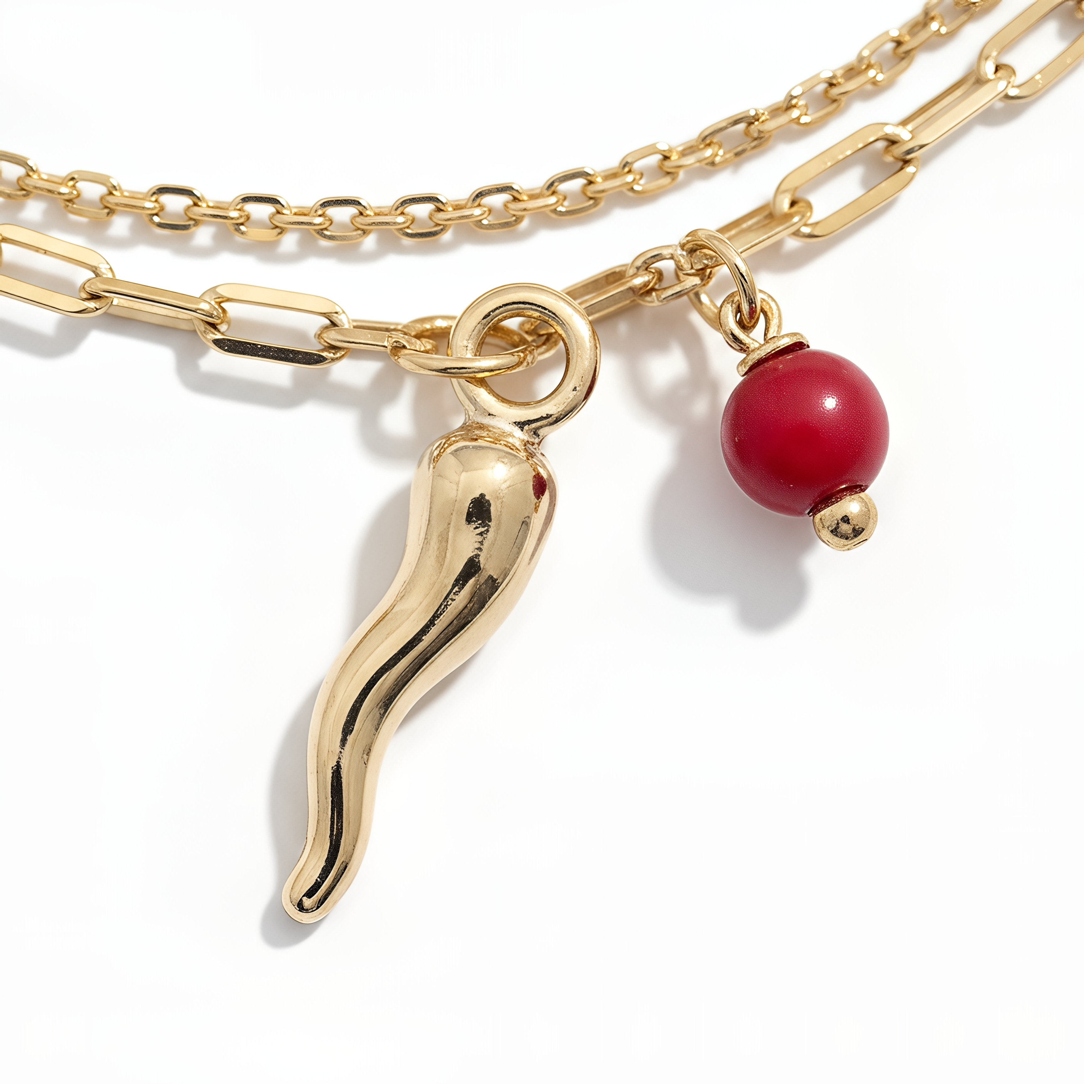 Bracciale Doppia Catena con Cornetto e Sfera Rossa Chérie Argento 925 Placcato Oro 24KT