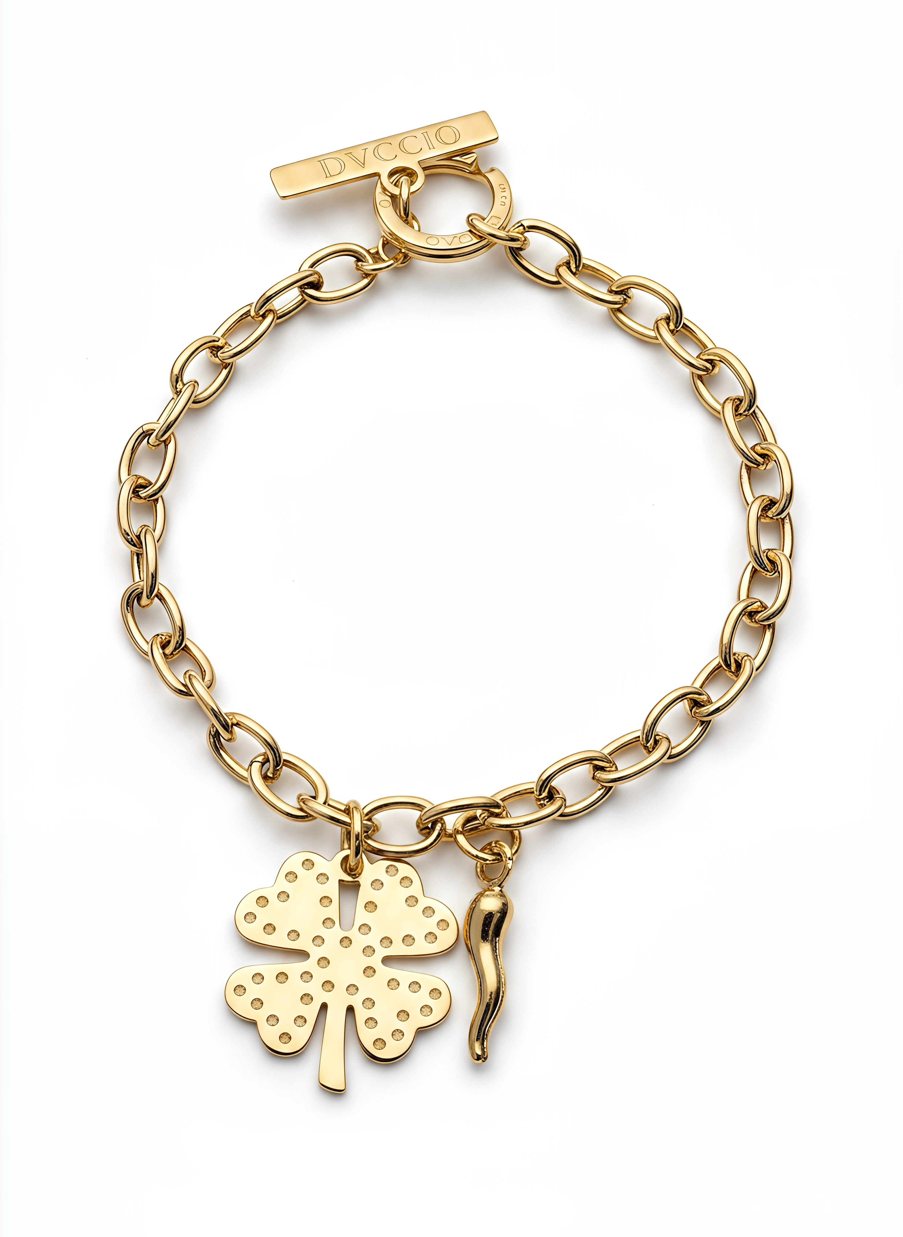 Bracciale a Catena Rolò con Charm Quadrifoglio e Cornetto Frida Argento 925 Placcata Oro 24KT