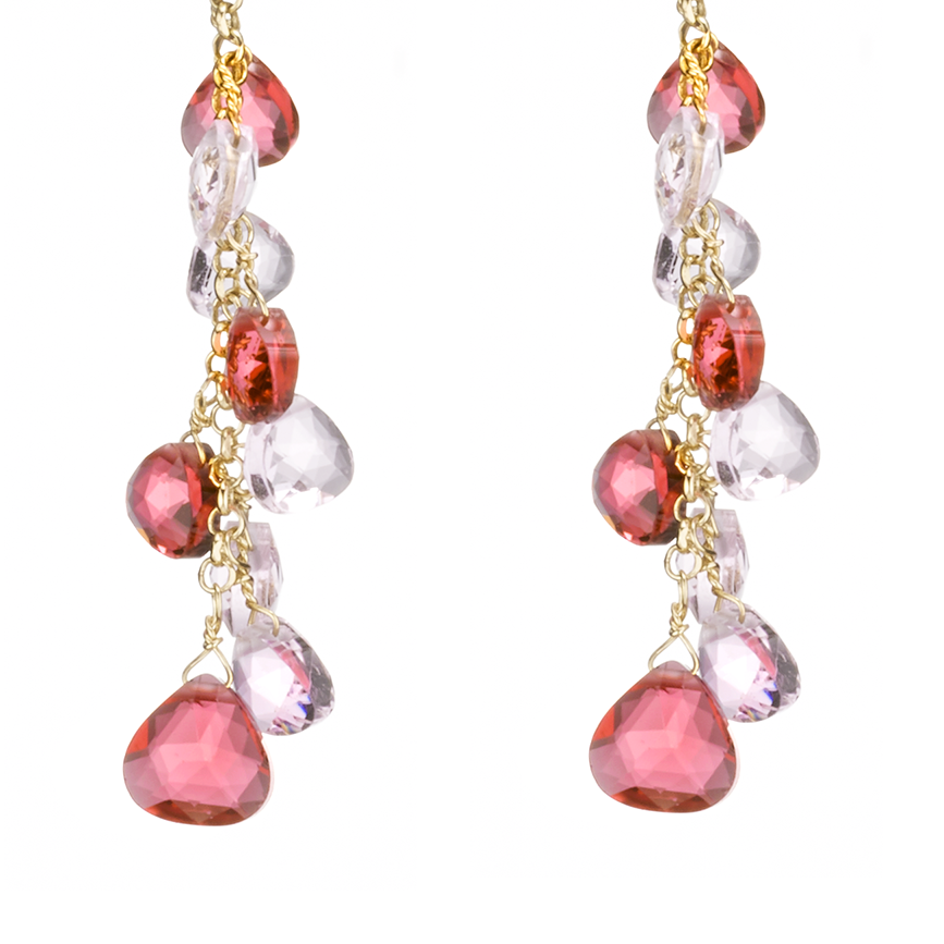 Orecchini Capri in Argento 925 Oro 24KT con Cristalli Naturali Rosa e Inserti a Goccia