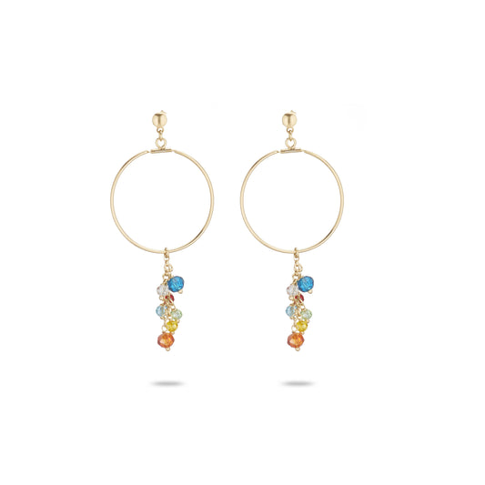 Orecchini Cerchio Formentera in Argento 925 Laminato in Oro 24KT con Cristalli Naturali Azzurri e Ambra