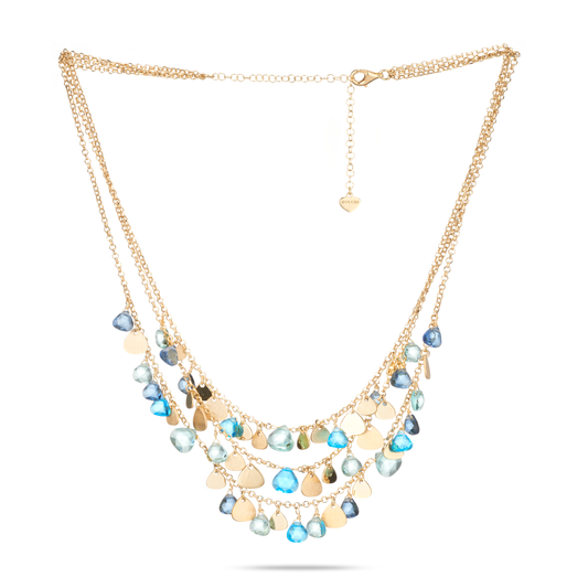 Collana a Tre Fili Capri in Argento 925 Laminato in Oro 24KT con Topazio Azzurro