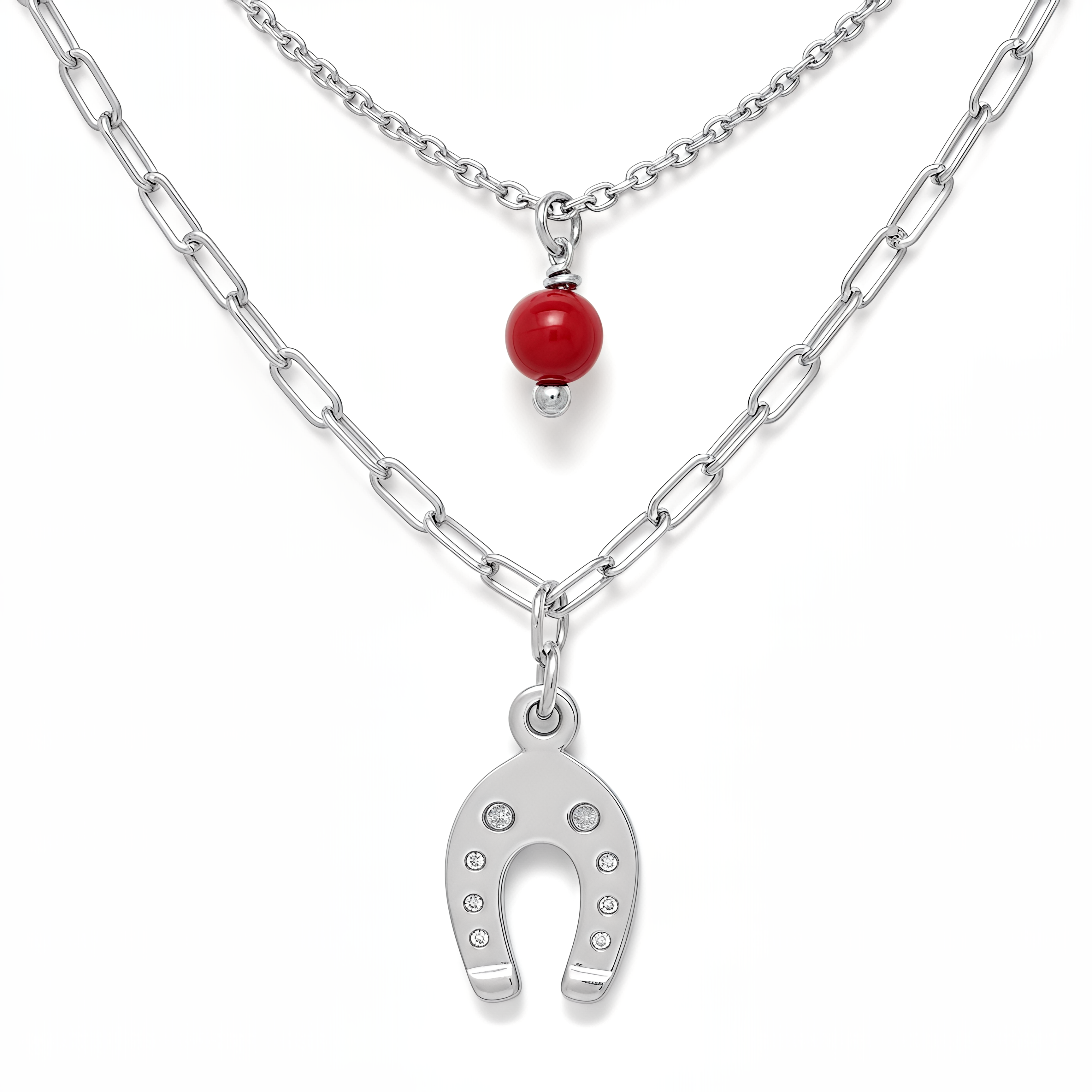 Cherie Lucky Red Necklace in 925 Silver with 24KT Gold Plated Horseshoe and Red Stone