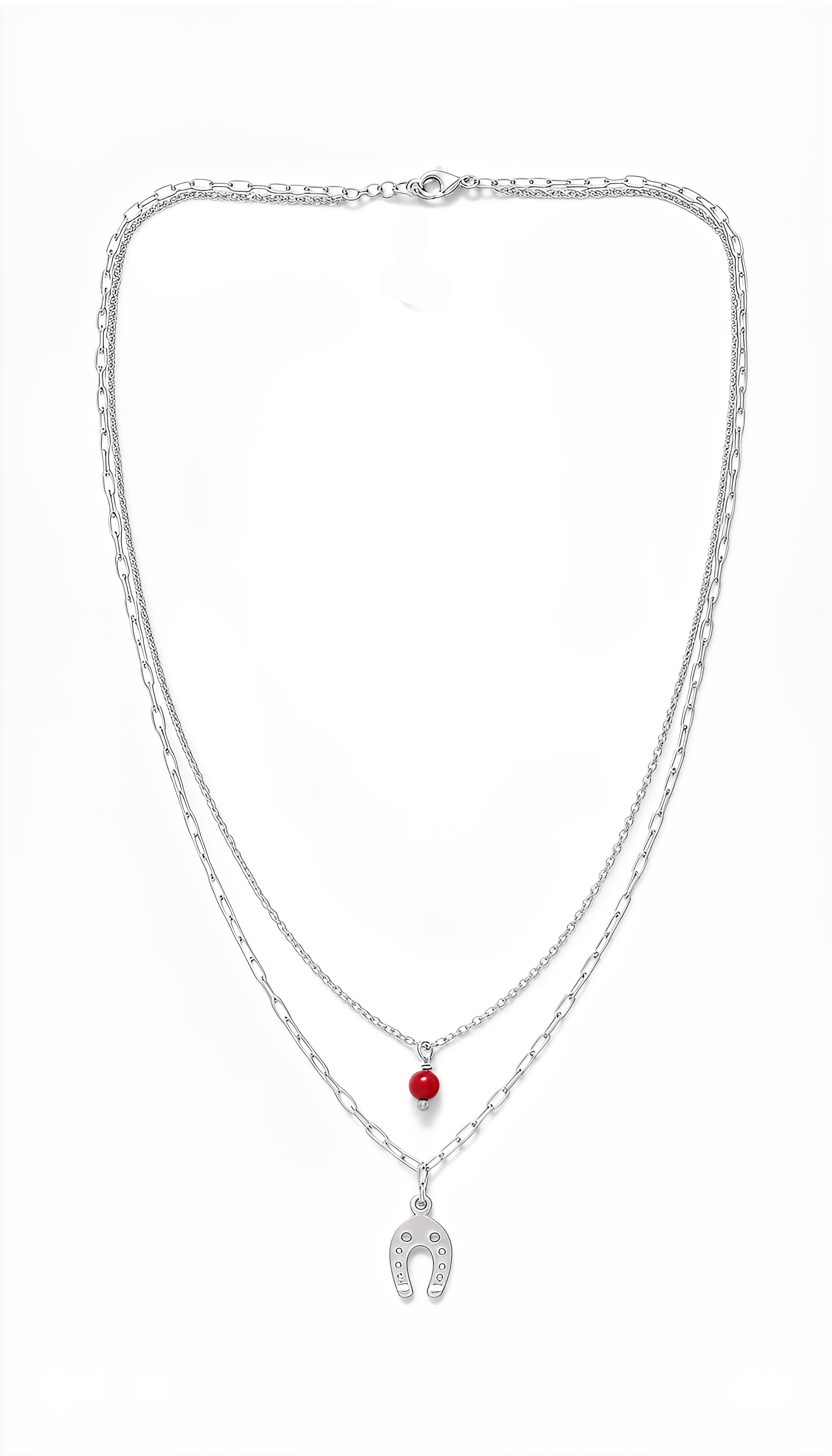 Cherie Lucky Red Necklace in 925 Silver with 24KT Gold Plated Horseshoe and Red Stone