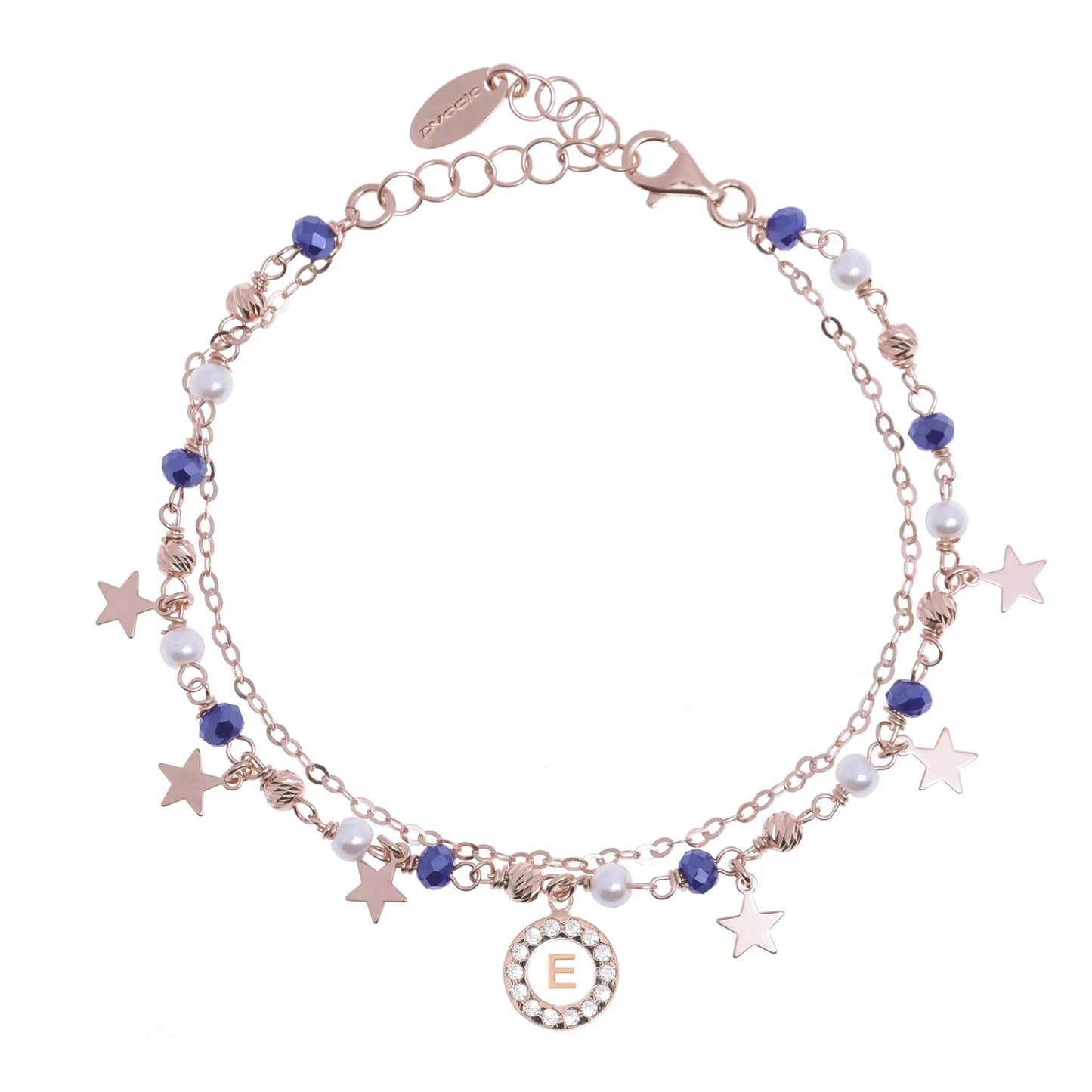 Bracciale Dea placcato in oro rosa con perle, gemme blu e charms stella