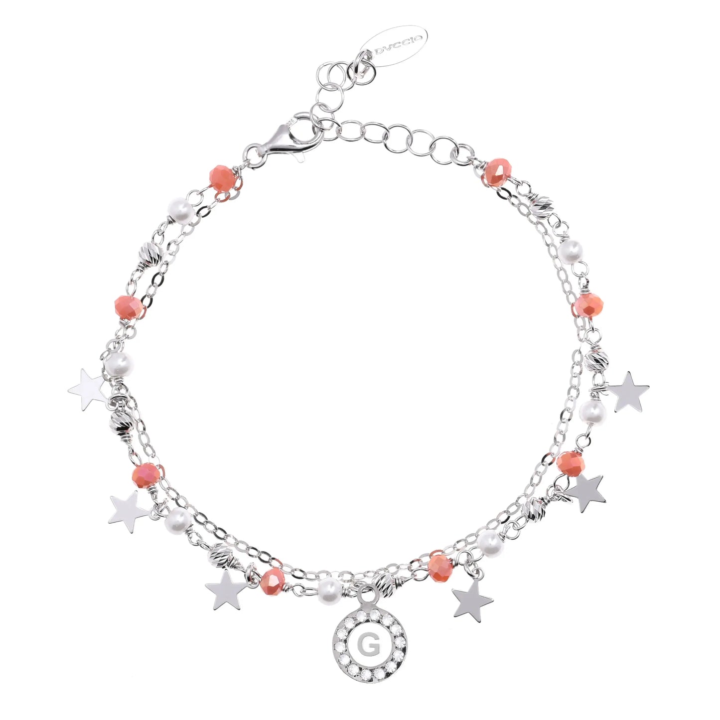 Bracciale DEA placcato in oro bianco con perle, gemme corallo e charms stella