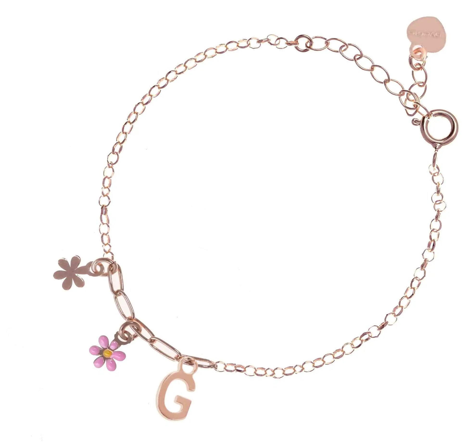 Bracciale regolabile in argento 925 rosa con due fiorellini pendenti.