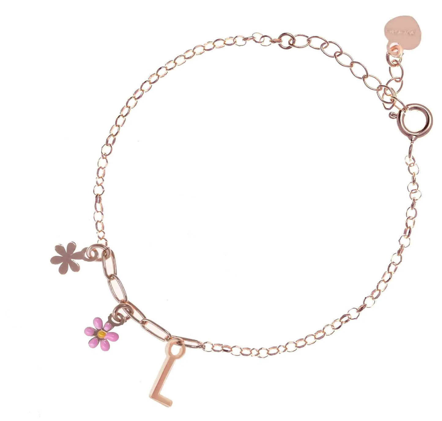 Bracciale regolabile in argento 925 rosa con due fiorellini pendenti.