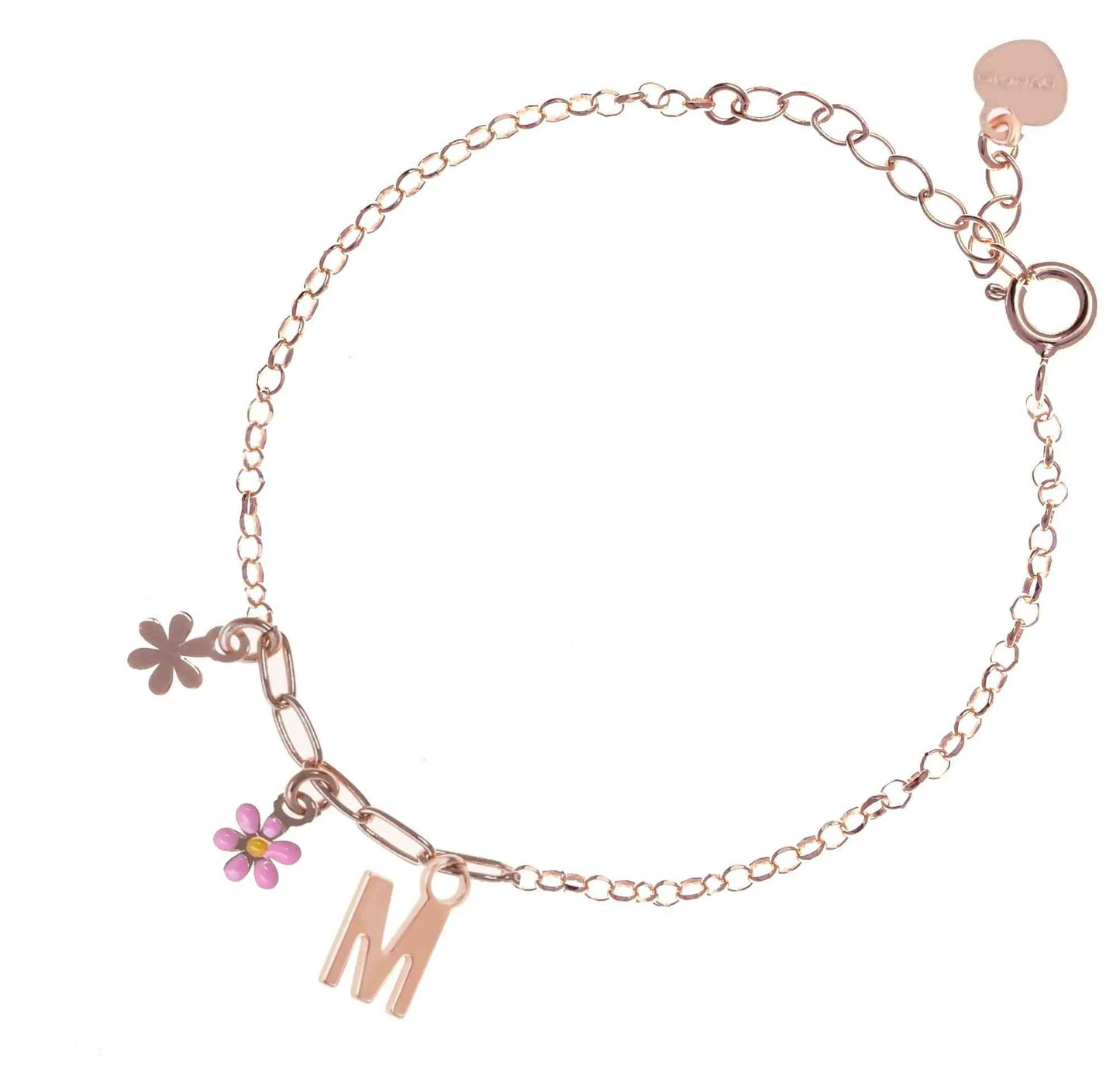 Bracciale regolabile in argento 925 rosa con due fiorellini pendenti.