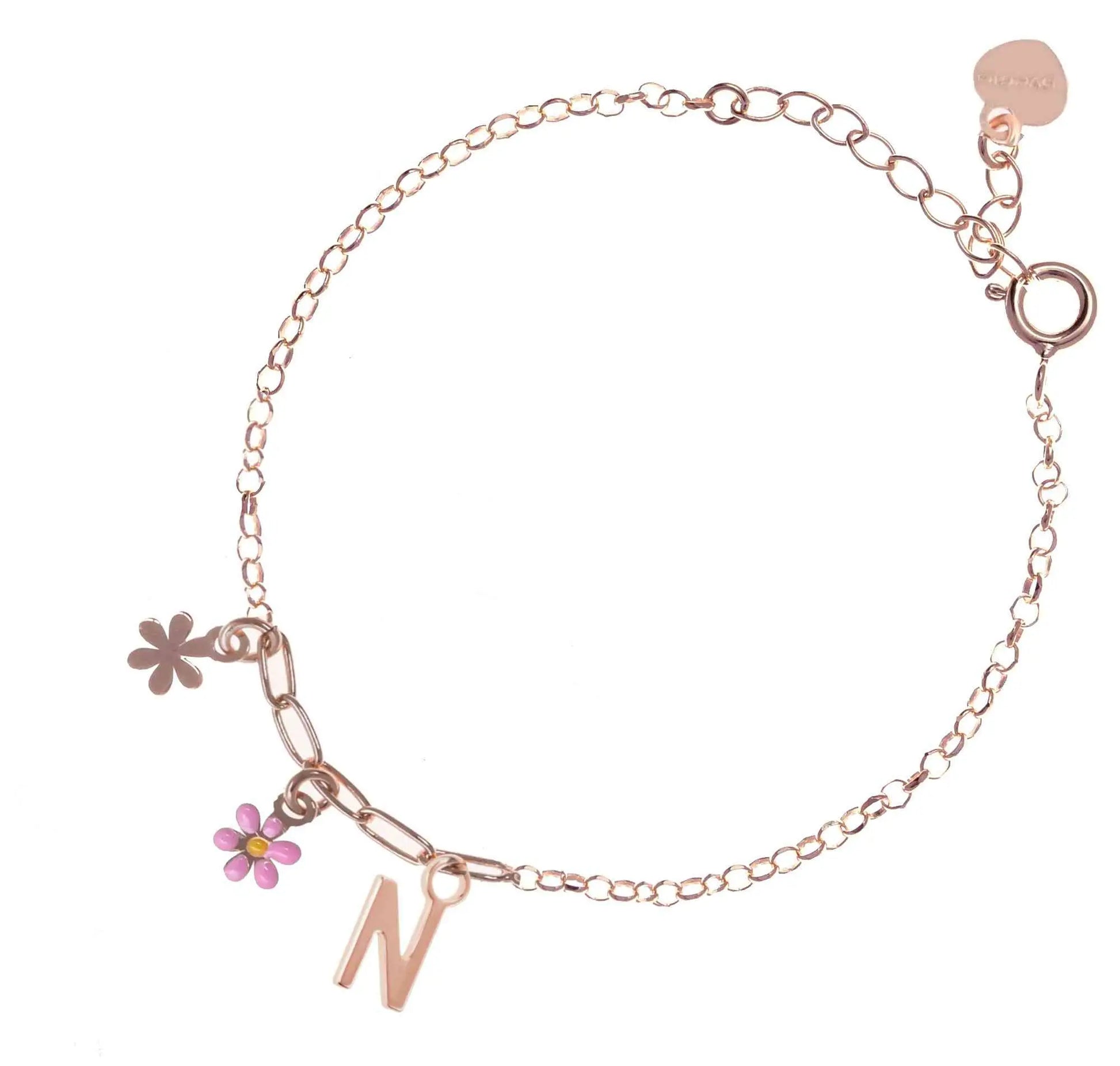 Bracciale regolabile in argento 925 rosa con due fiorellini pendenti.