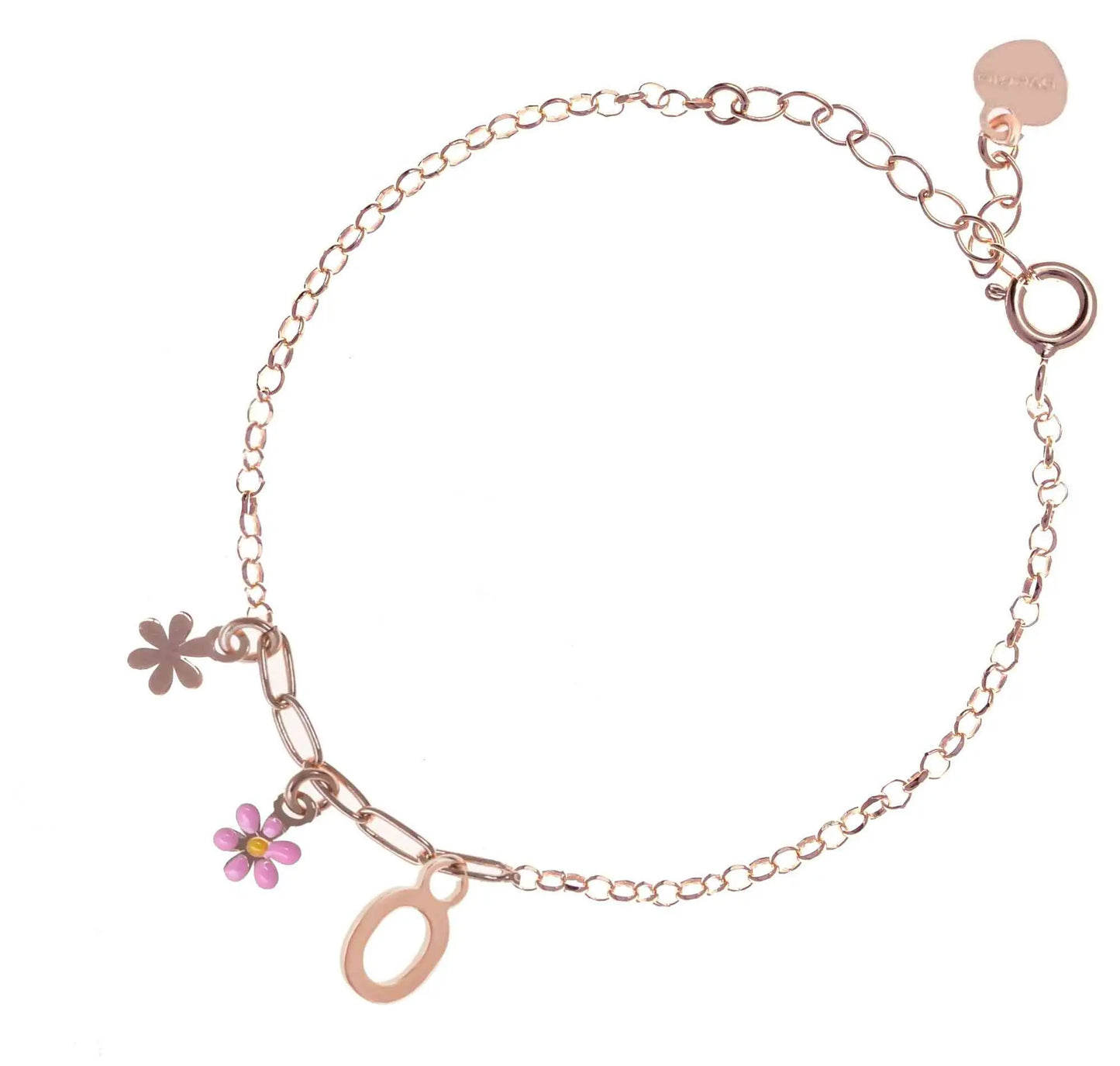 Bracciale regolabile in argento 925 rosa con due fiorellini pendenti.