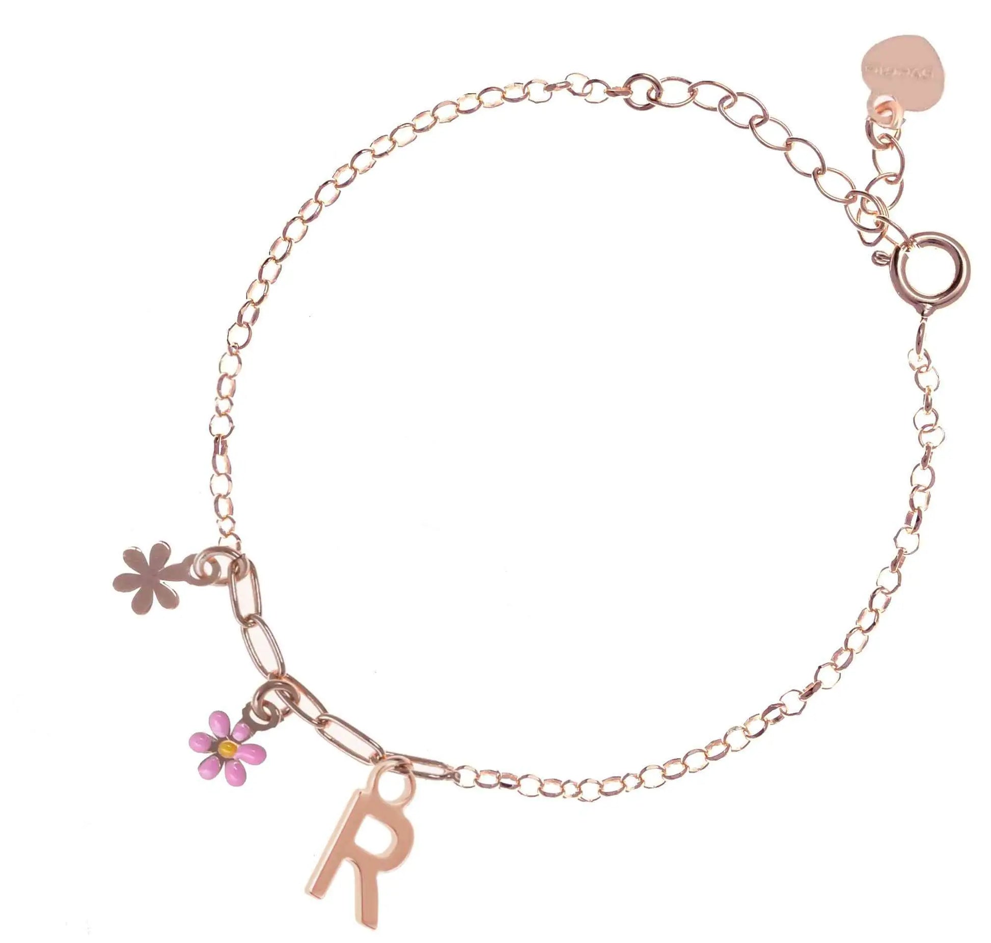 Bracciale regolabile in argento 925 rosa con due fiorellini pendenti.