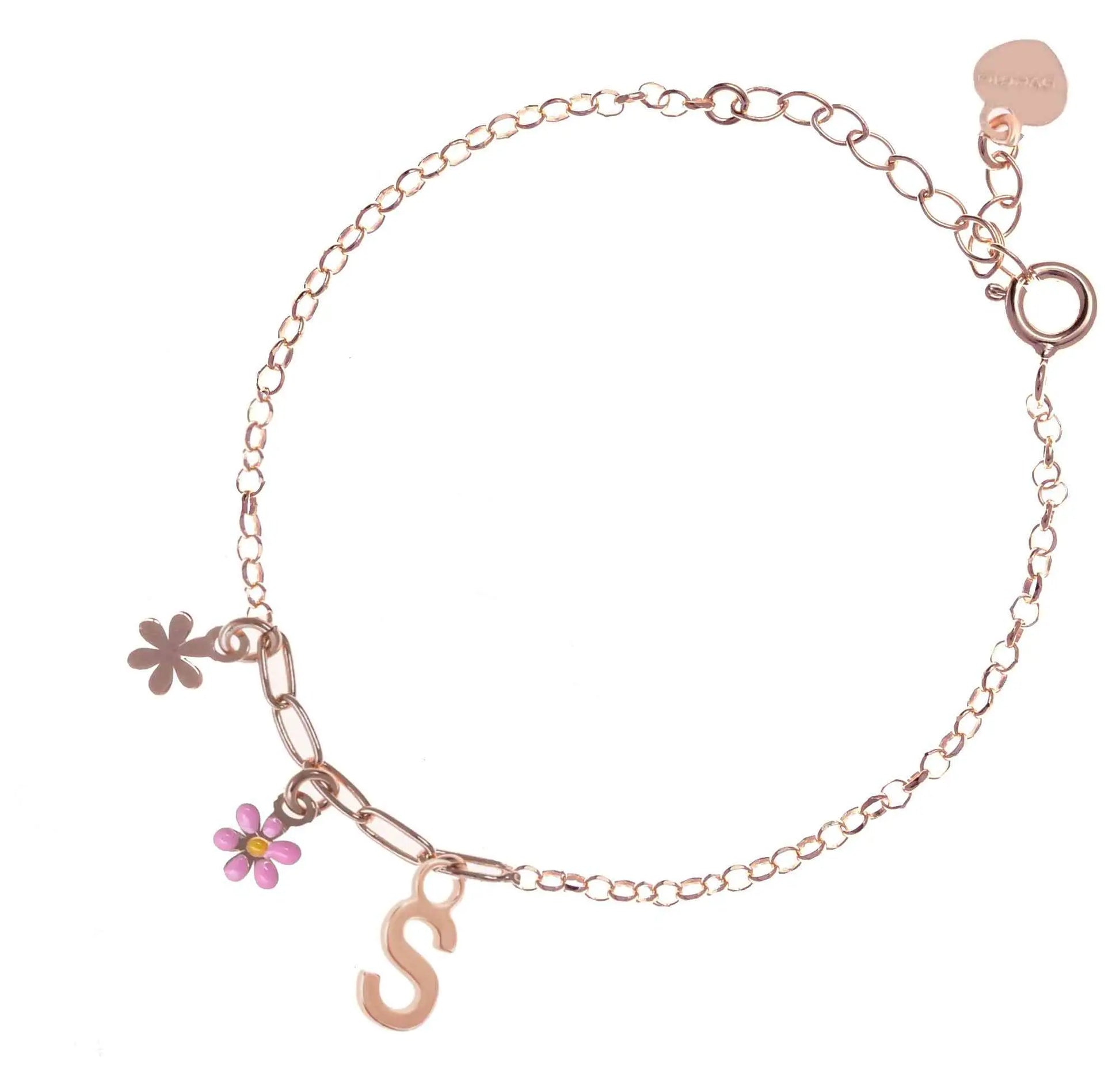 Bracciale regolabile in argento 925 rosa con due fiorellini pendenti.