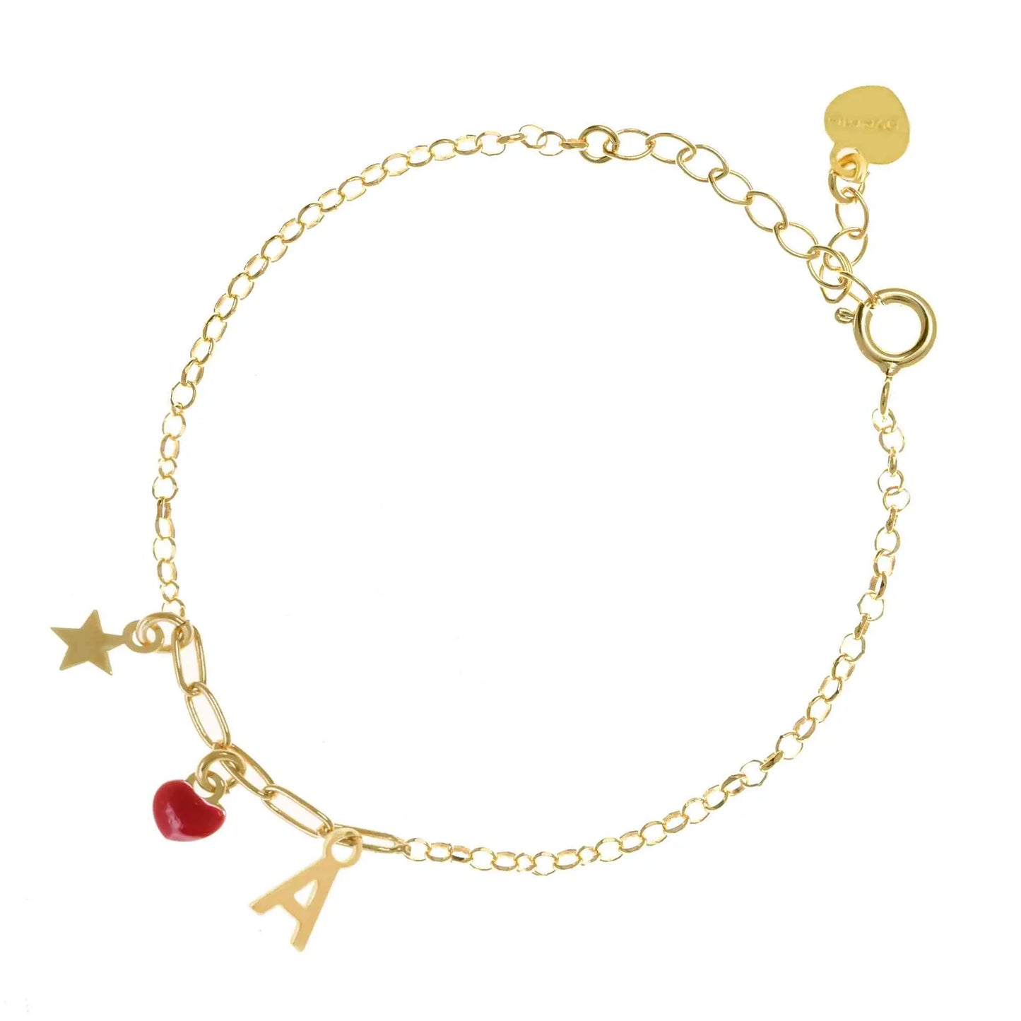 Bracciale regolabile in argento 925 dorato con stellina, cuore rosso