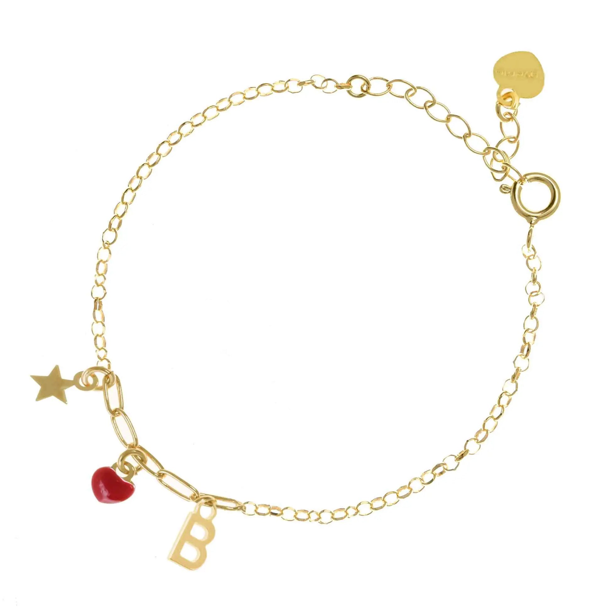 Bracciale regolabile in argento 925 dorato con stellina, cuore rosso