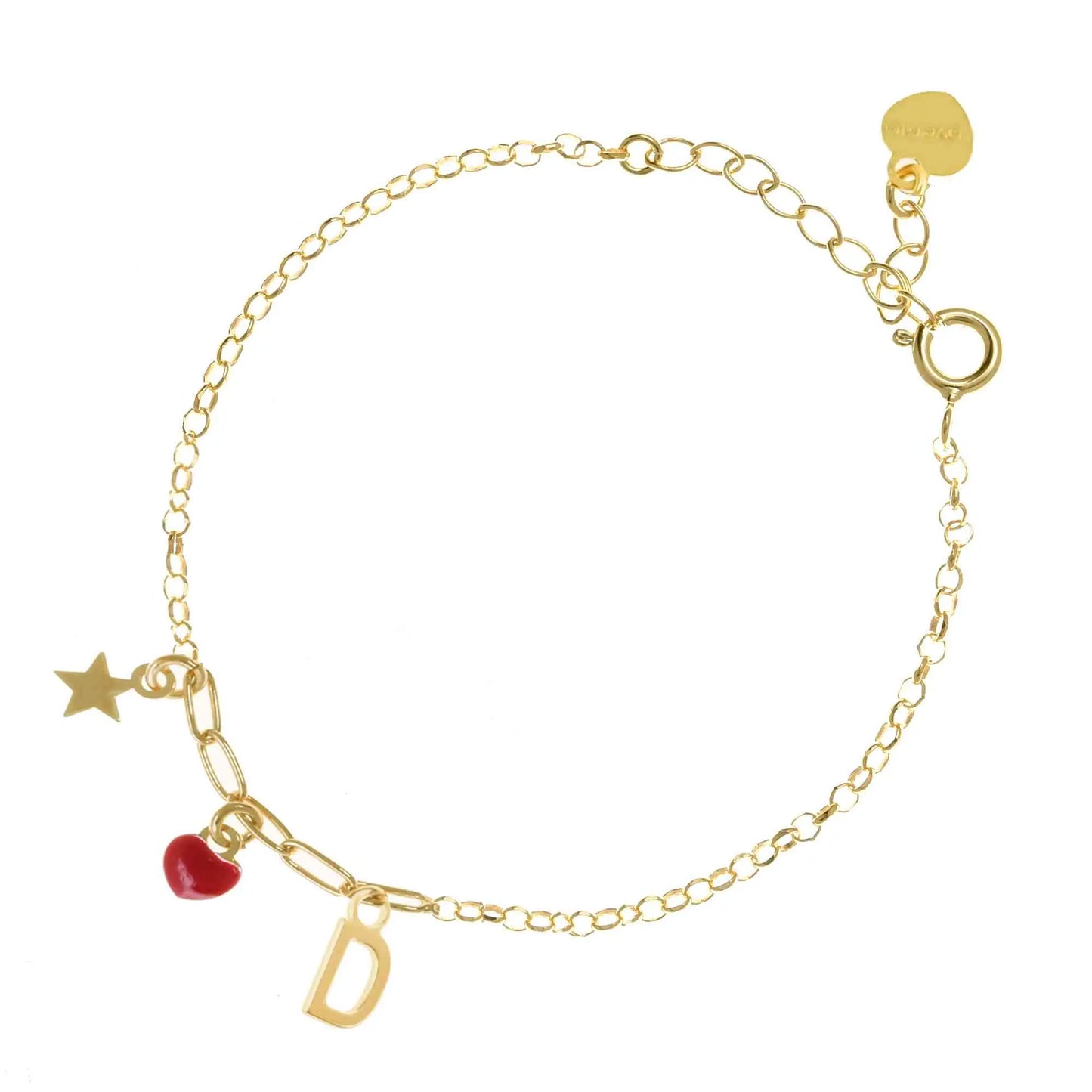 Bracciale regolabile in argento 925 dorato con stellina, cuore rosso