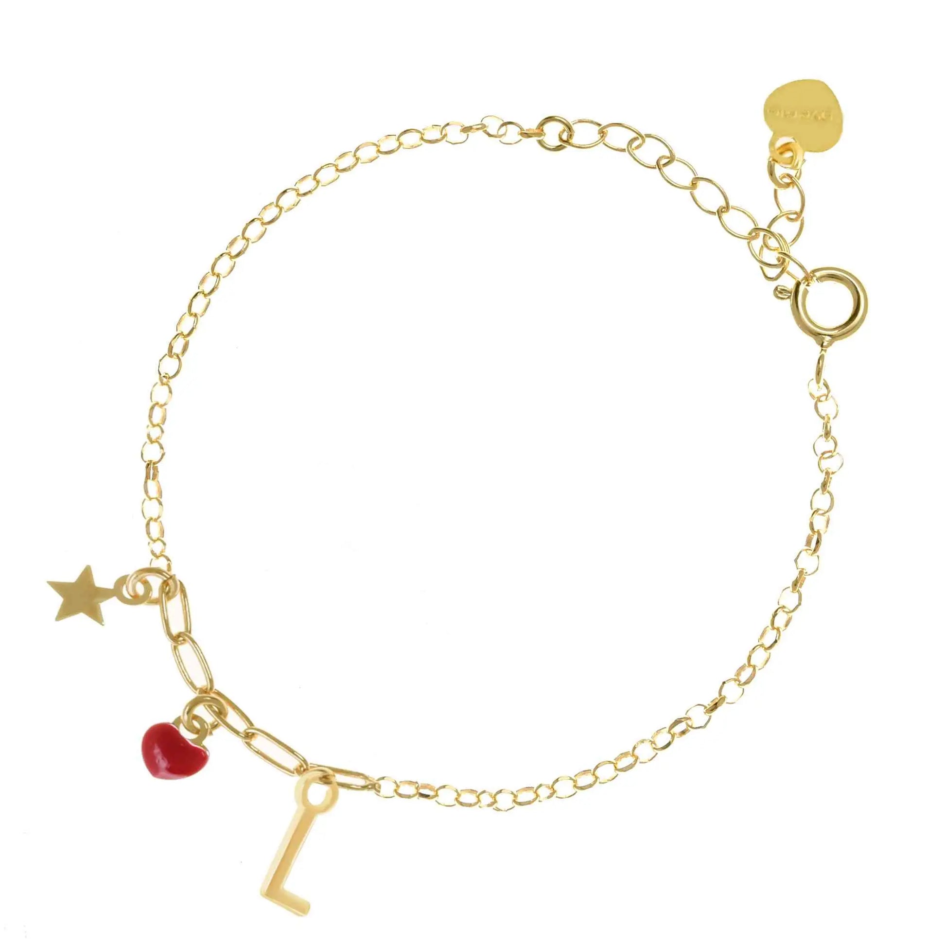 Bracciale regolabile in argento 925 dorato con stellina, cuore rosso