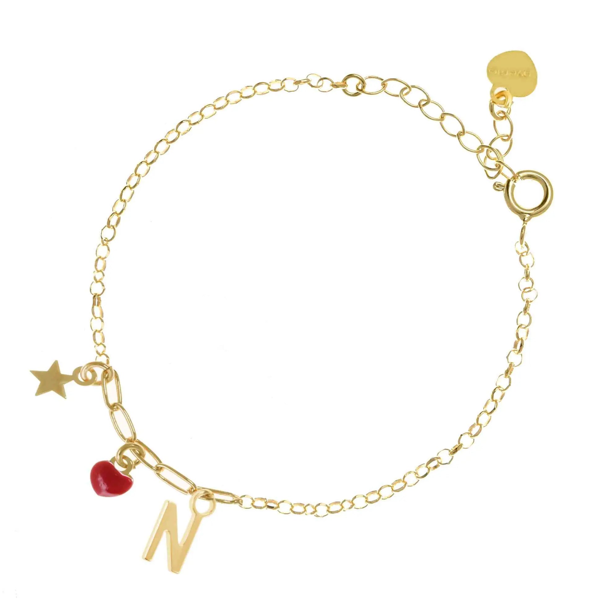 Bracciale regolabile in argento 925 dorato con stellina, cuore rosso