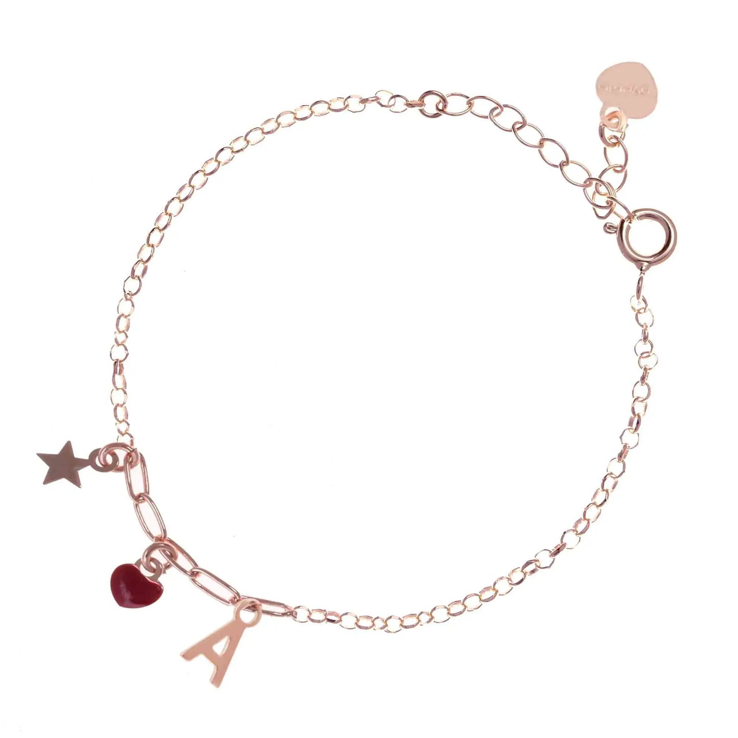 Bracciale regolabile in argento 925 rose’ con stellina, cuore rosso