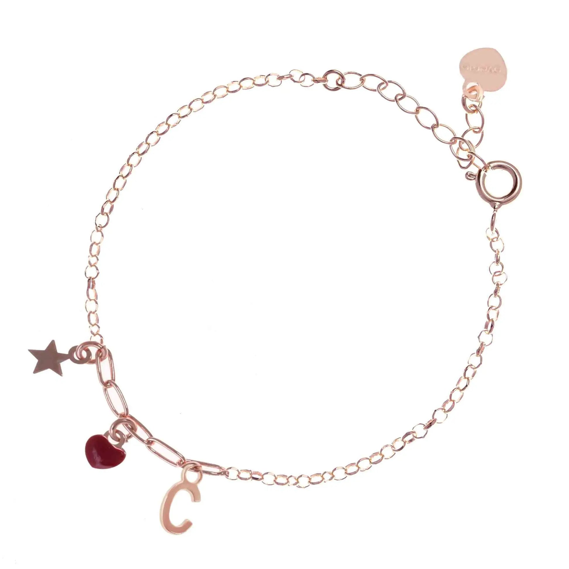 Bracciale regolabile in argento 925 rose’ con stellina, cuore rosso