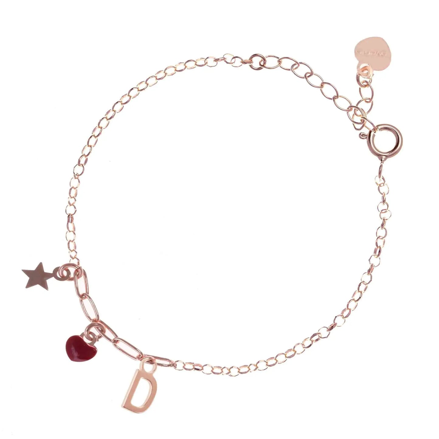 Bracciale regolabile in argento 925 rose’ con stellina, cuore rosso