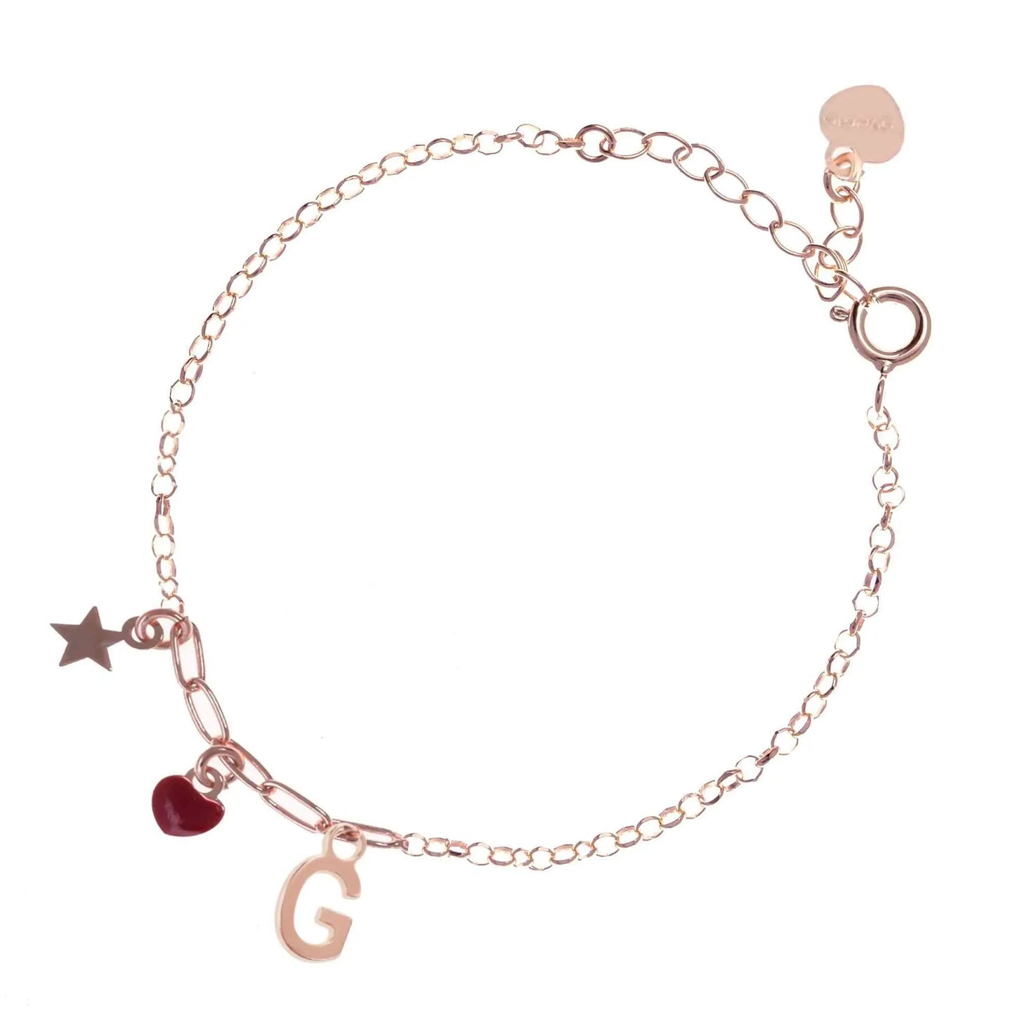 Bracciale regolabile in argento 925 rose’ con stellina, cuore rosso