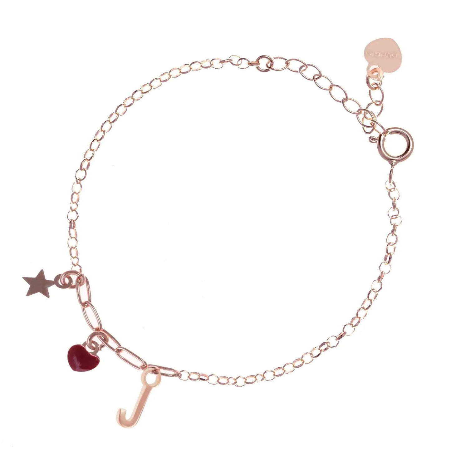 Bracciale regolabile in argento 925 rose’ con stellina, cuore rosso