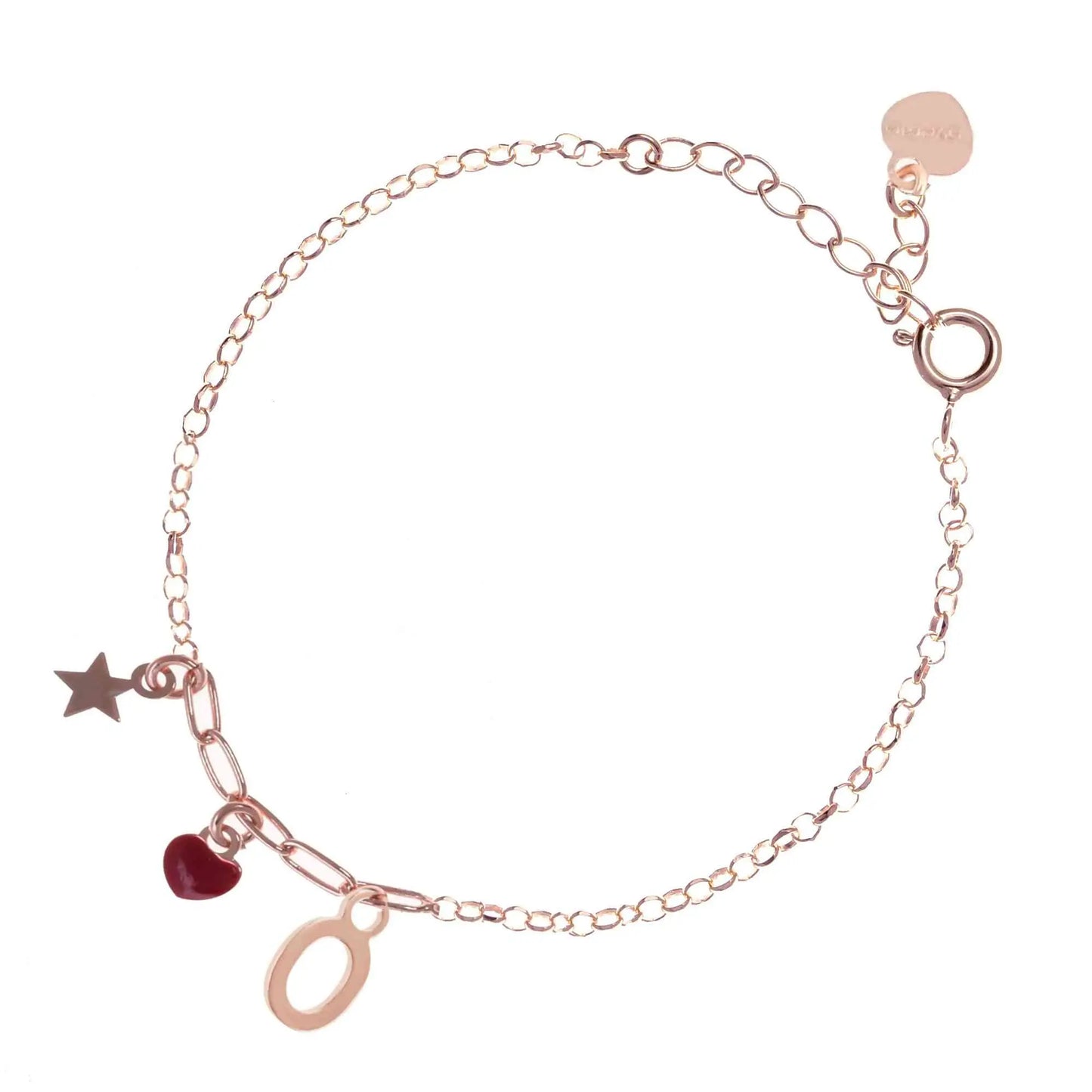 Bracciale regolabile in argento 925 rose’ con stellina, cuore rosso