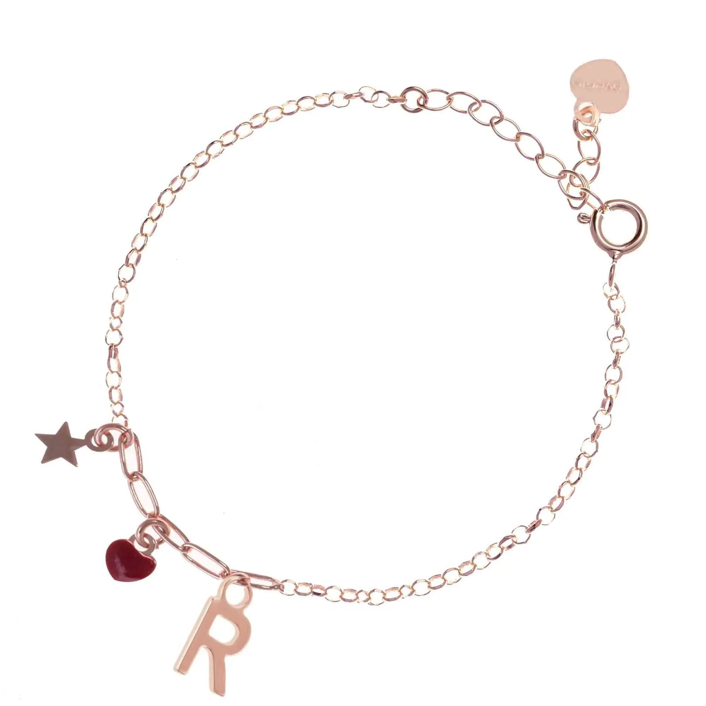 Bracciale regolabile in argento 925 rose’ con stellina, cuore rosso