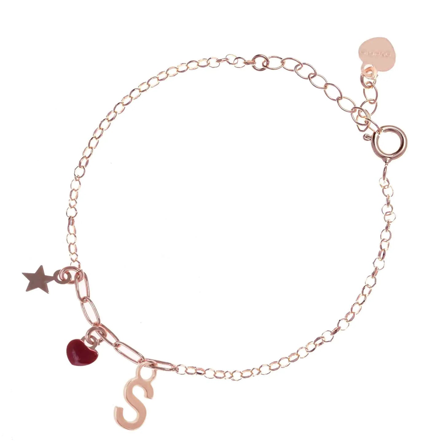 Bracciale regolabile in argento 925 rose’ con stellina, cuore rosso