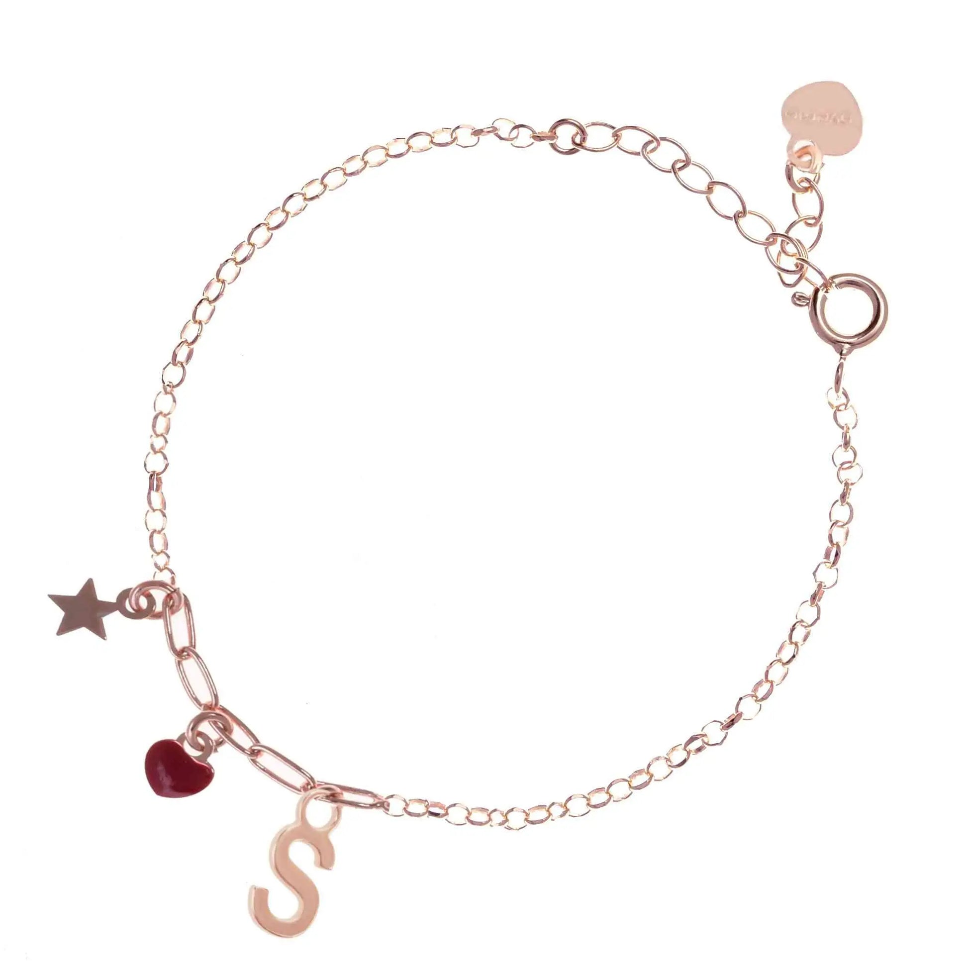 Bracciale regolabile in argento 925 rose’ con stellina, cuore rosso