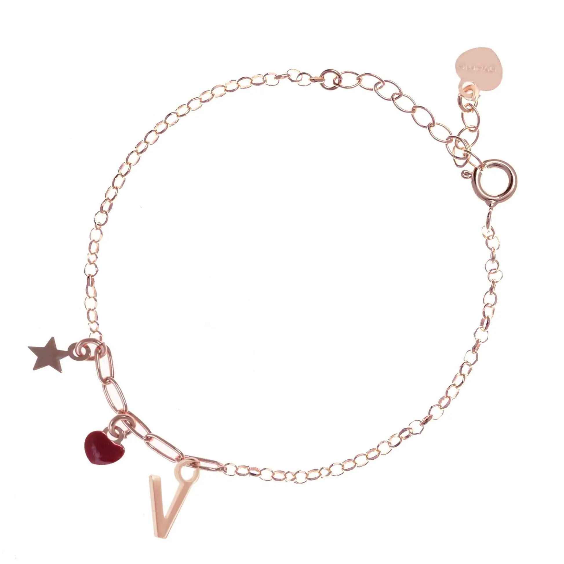 Bracciale regolabile in argento 925 rose’ con stellina, cuore rosso