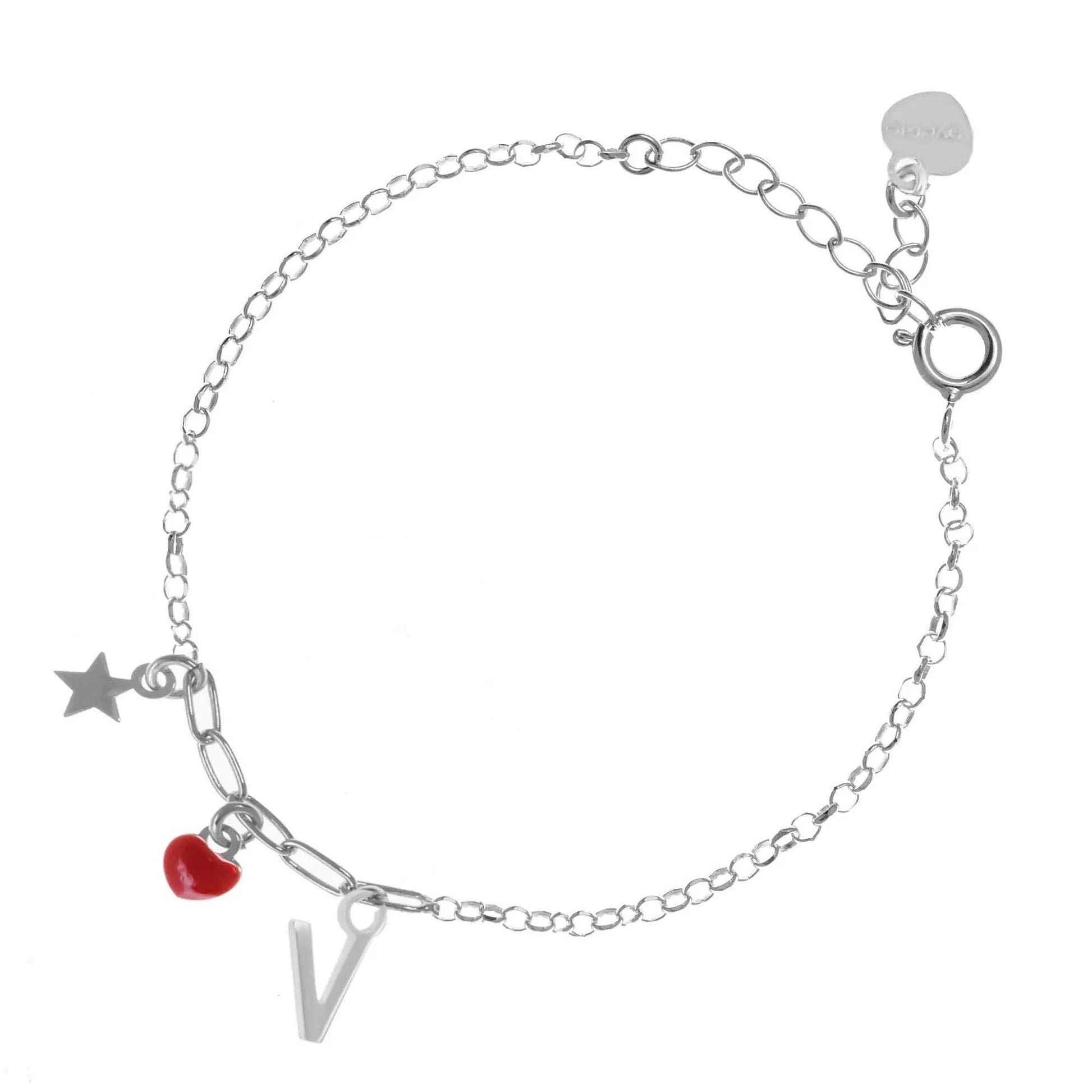 Bracciale regolabile in argento 925 rodiato con stellina, cuore rosso