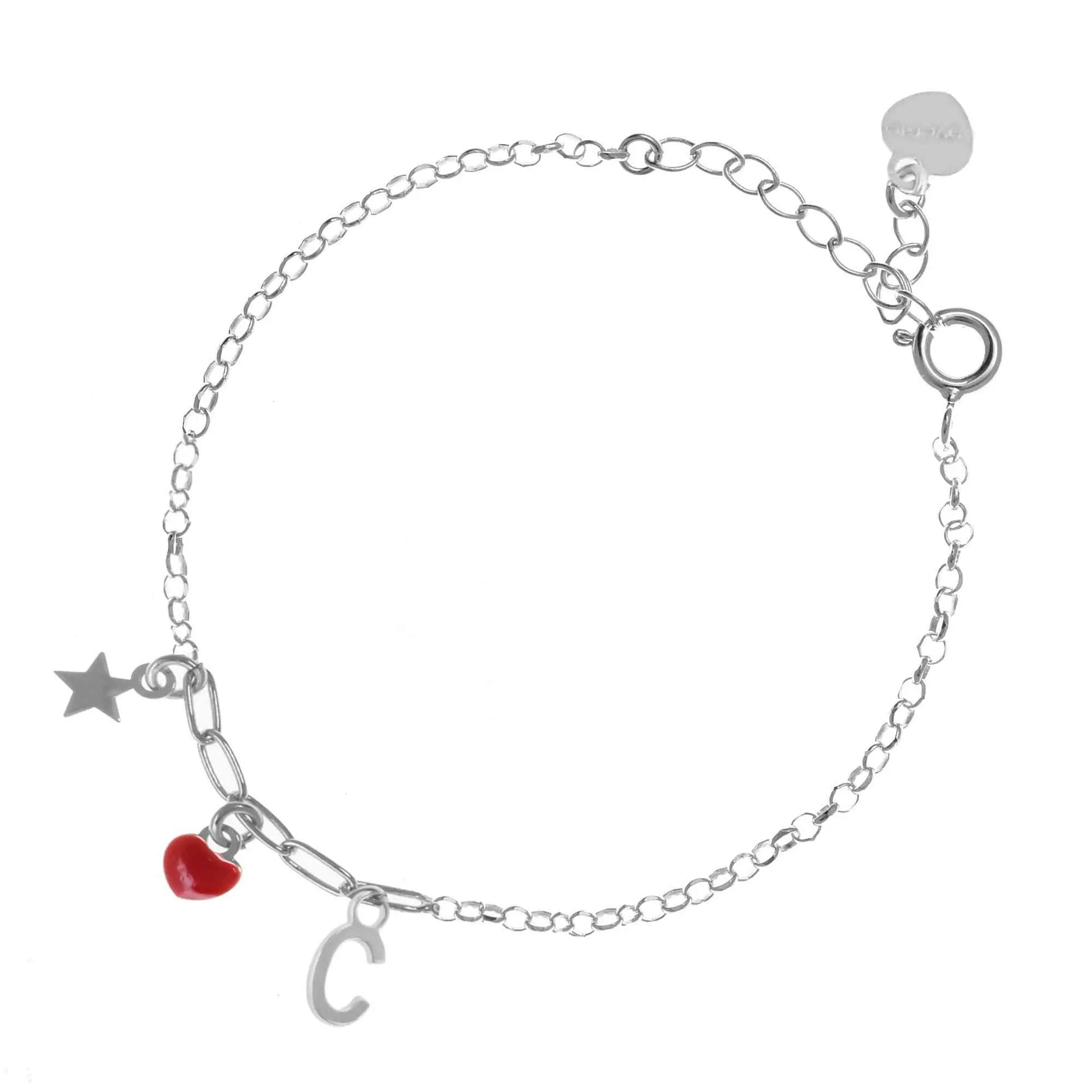 Bracciale regolabile in argento 925 rodiato con stellina, cuore rosso