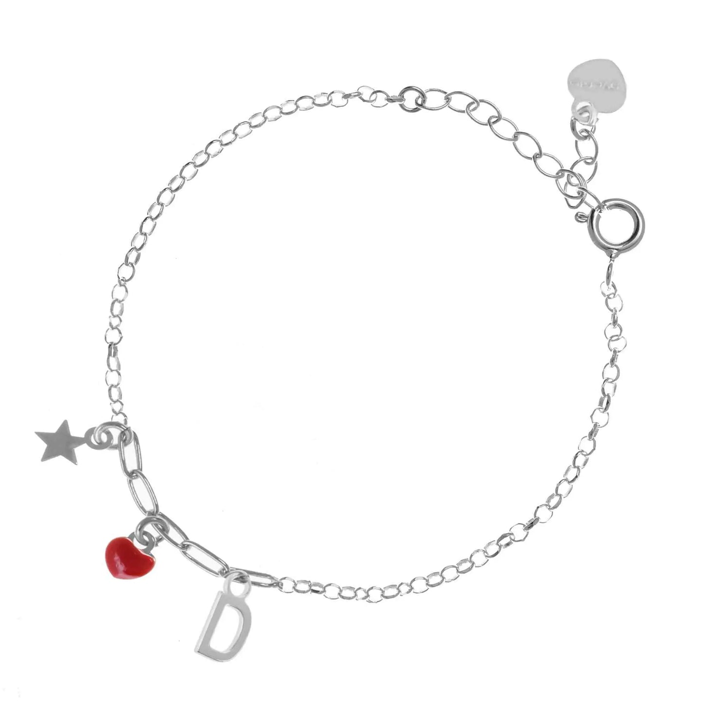 Bracciale regolabile in argento 925 rodiato con stellina, cuore rosso