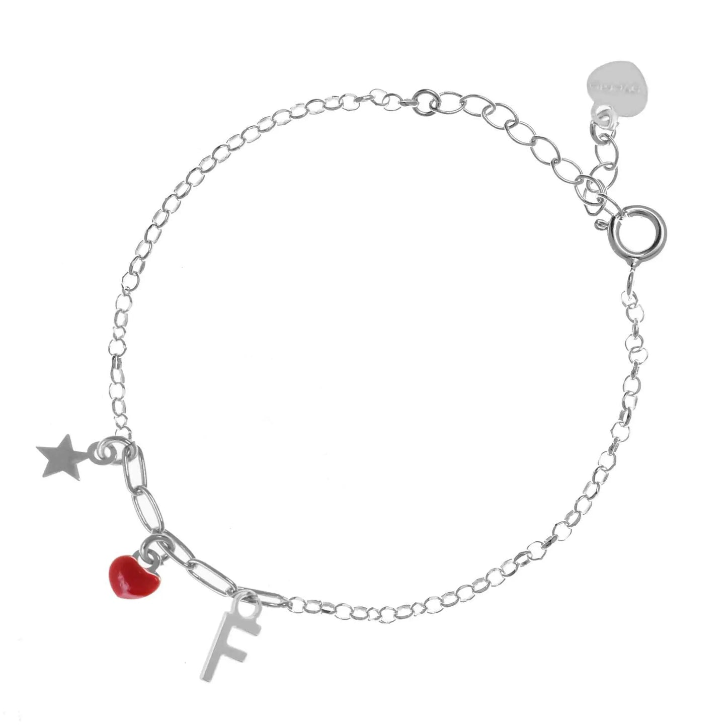 Bracciale regolabile in argento 925 rodiato con stellina, cuore rosso