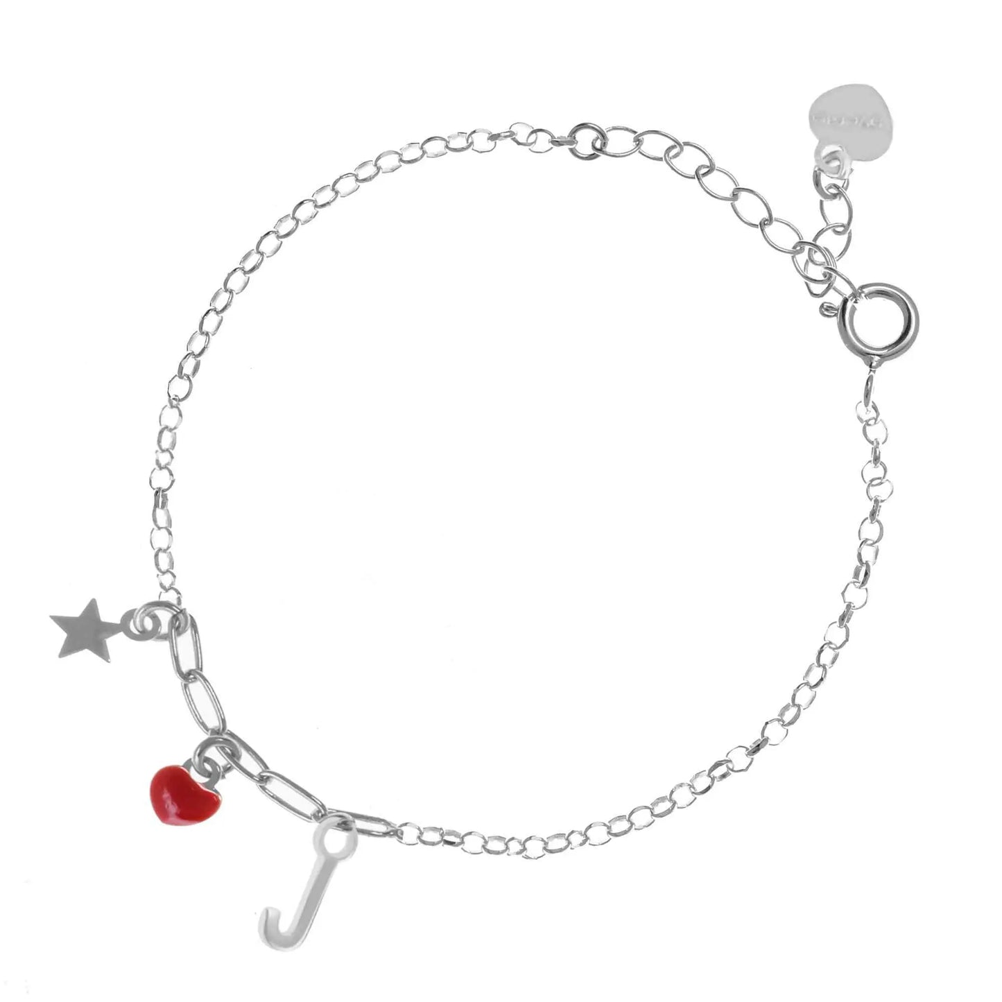 Bracciale regolabile in argento 925 rodiato con stellina, cuore rosso